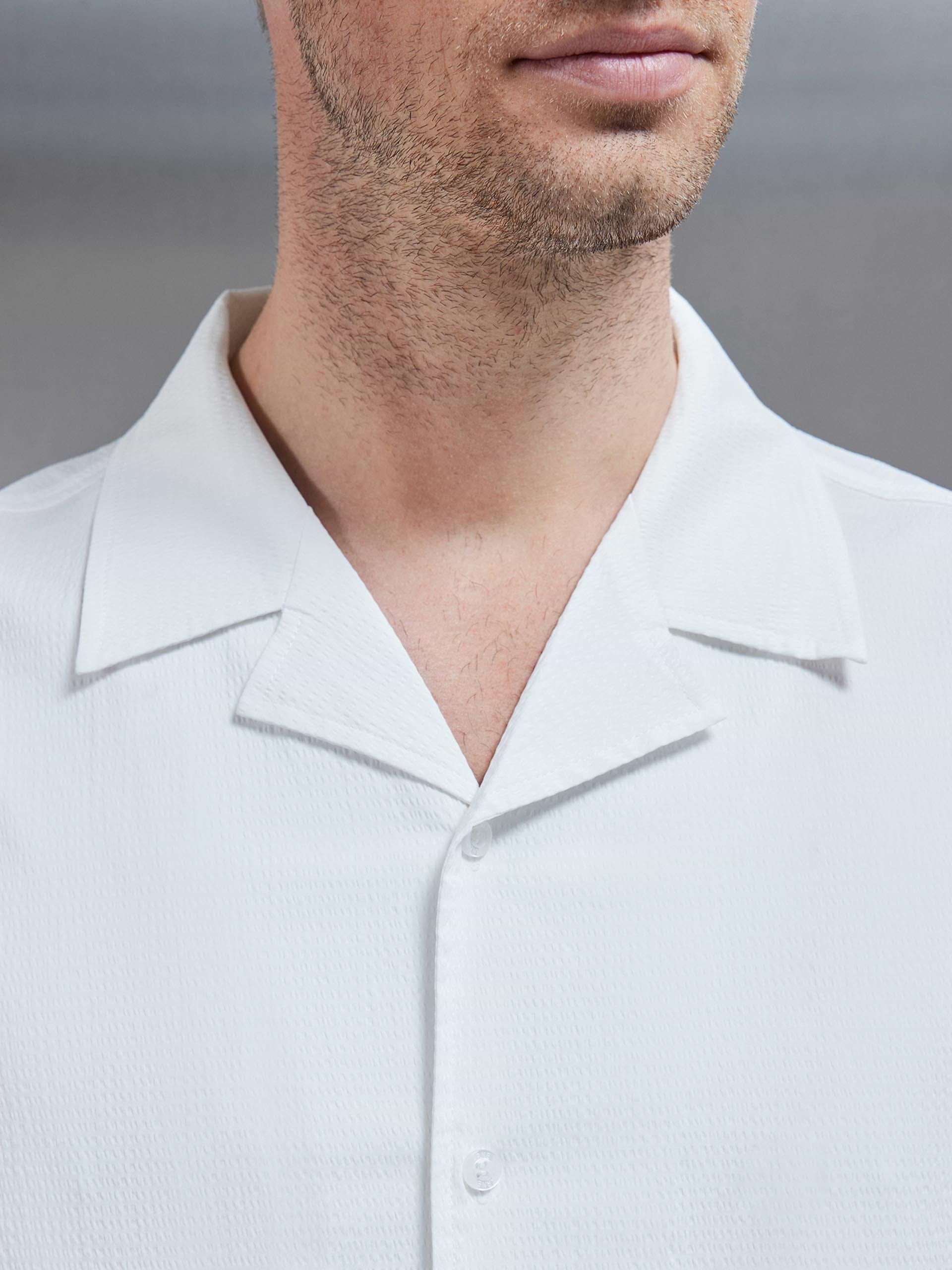 Seersucker Revere Collar Long Sleeve Shirt in White