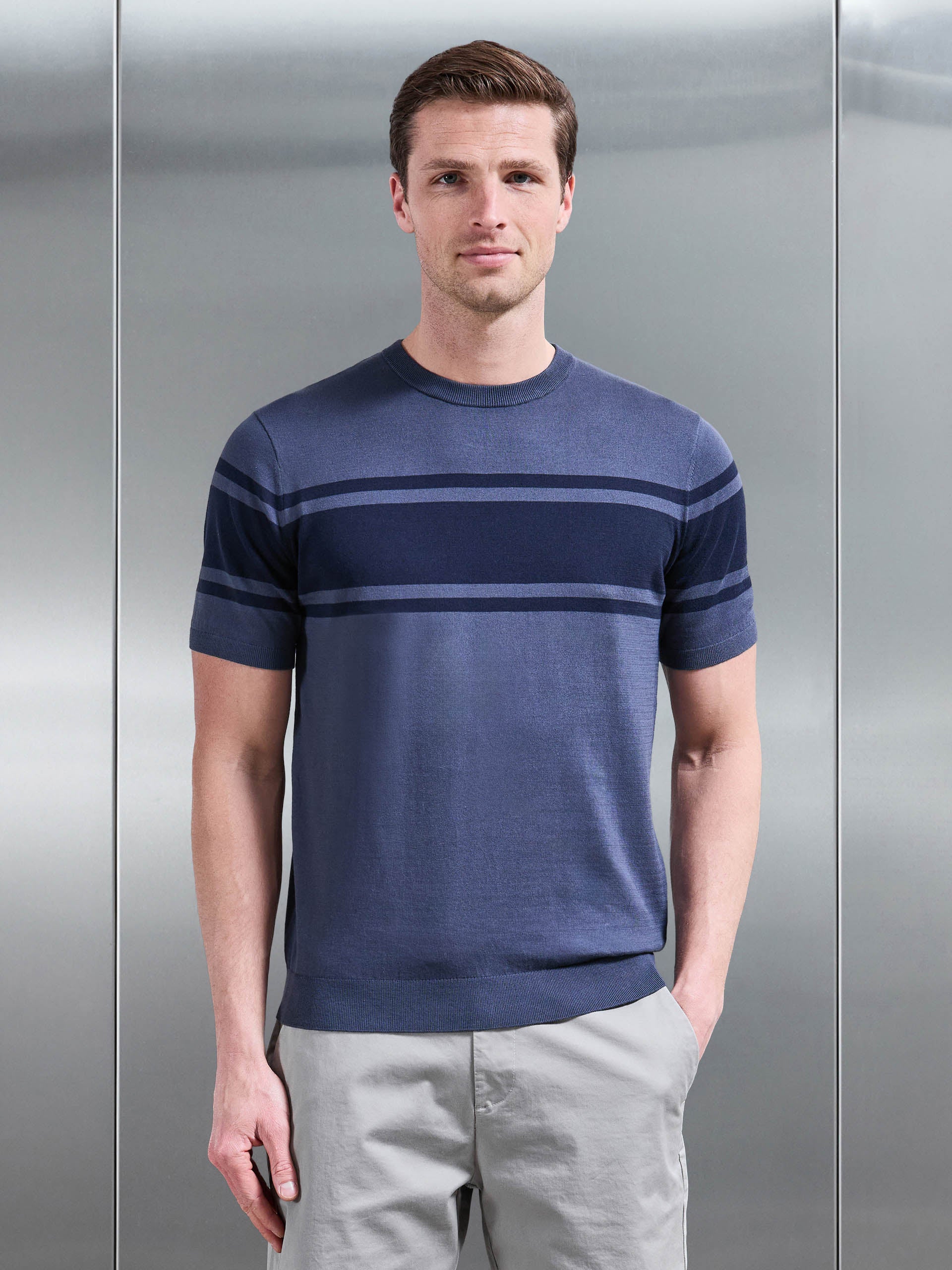 Mens Seria Knitted Crew Neck Colour Block T-Shirt in Slate Blue
