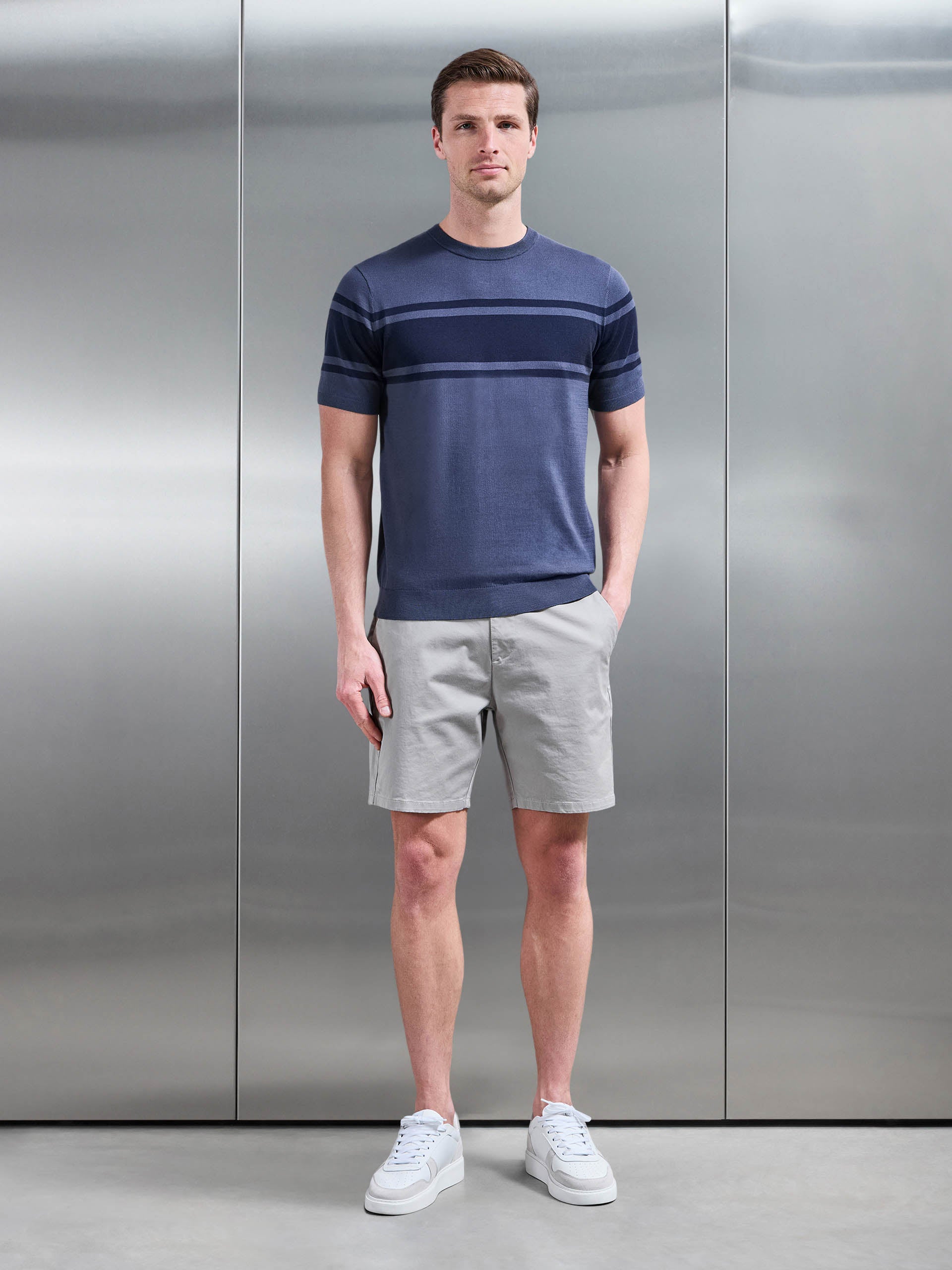 Mens Seria Knitted Crew Neck Colour Block T-Shirt in Slate Blue