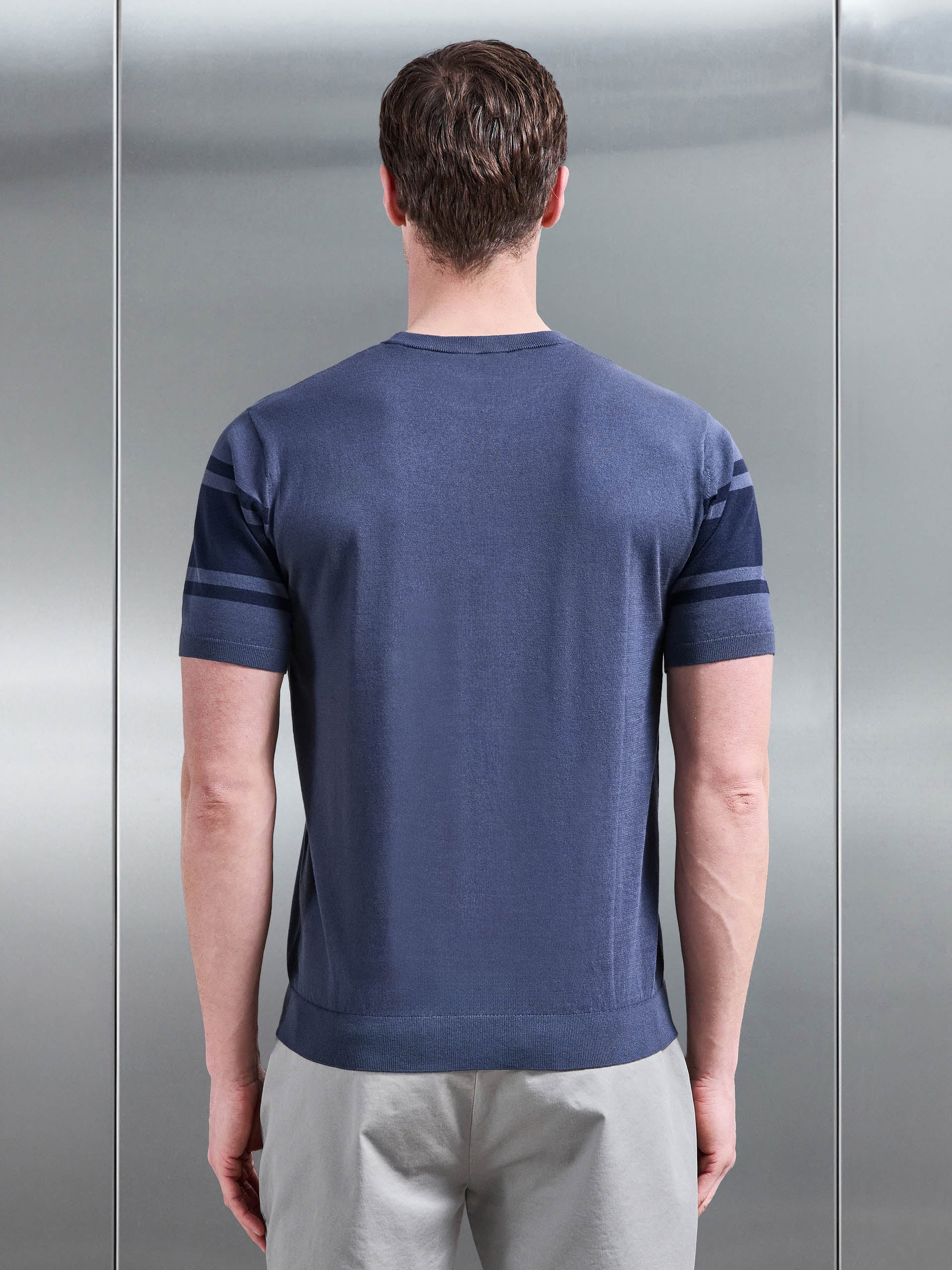 Mens Seria Knitted Crew Neck Colour Block T-Shirt in Slate Blue