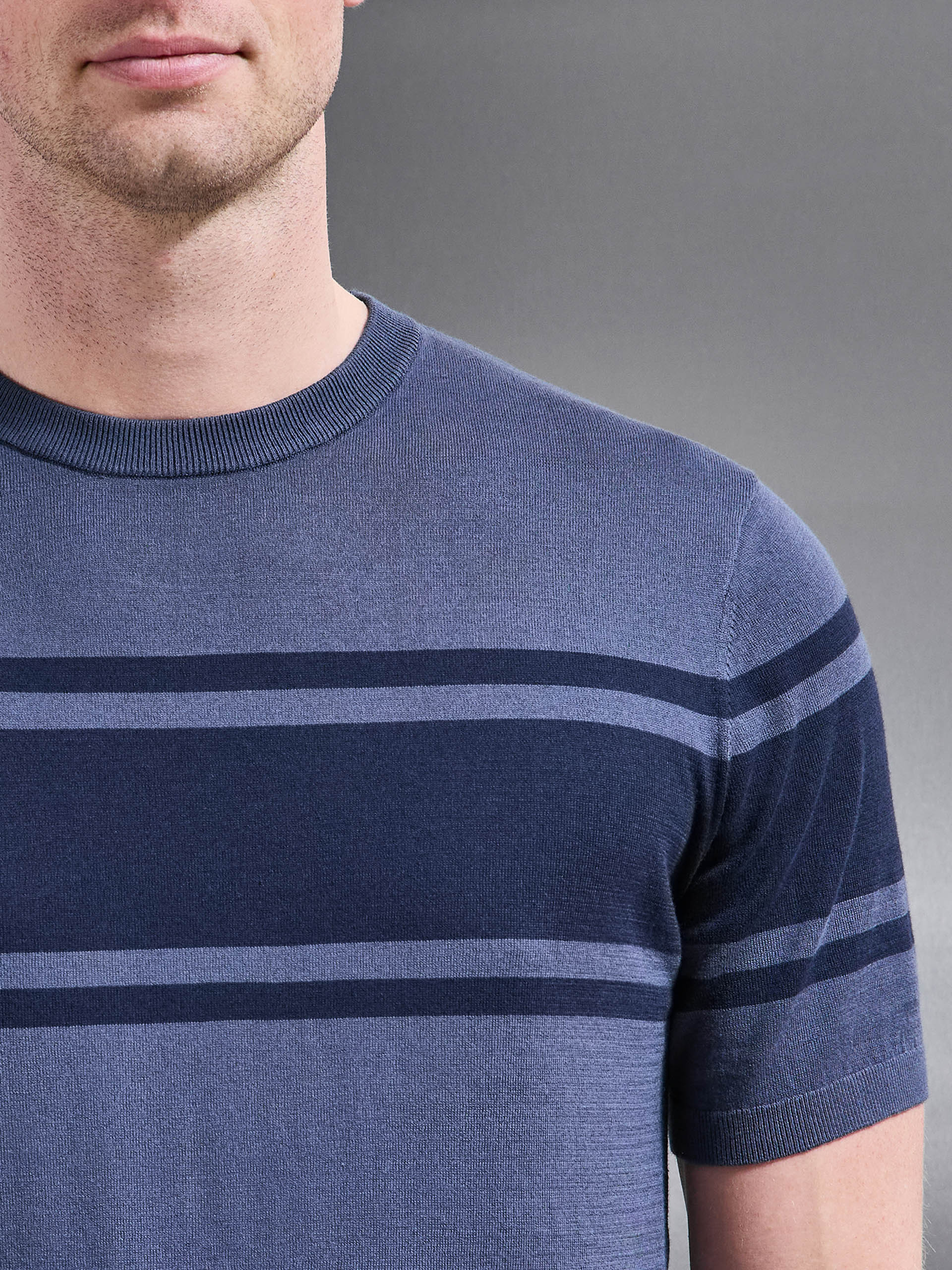 Mens Seria Knitted Crew Neck Colour Block T-Shirt in Slate Blue
