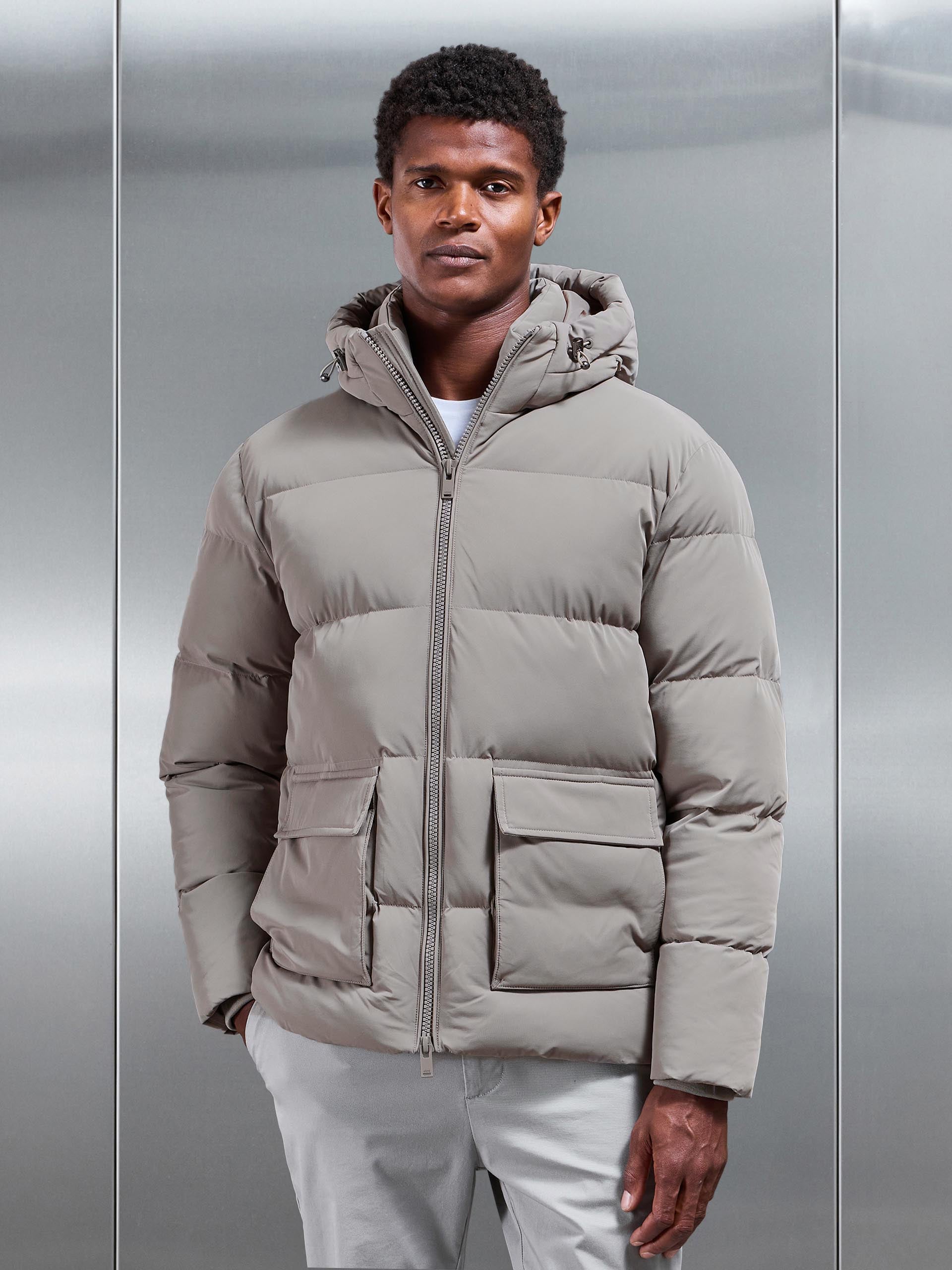 Mens Short Puffer Parka in Taupe
