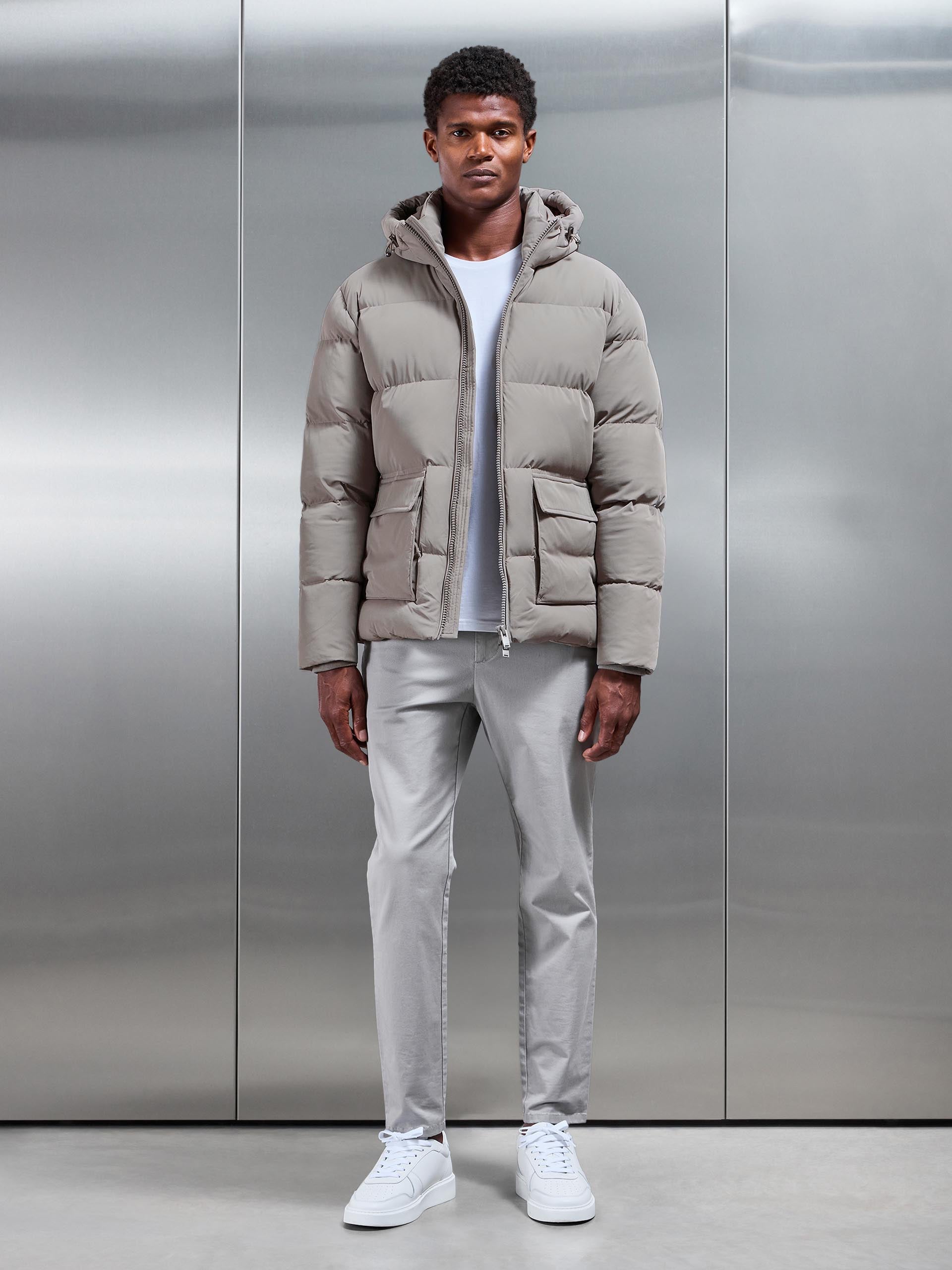 Mens Short Puffer Parka in Taupe