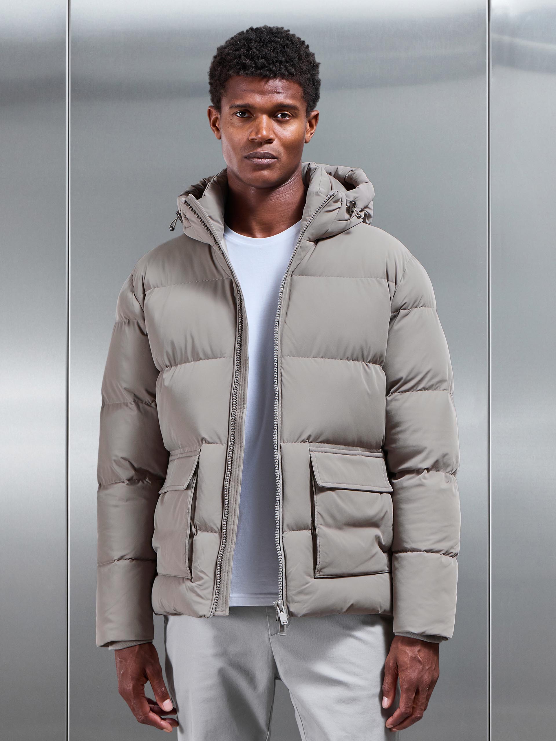 Mens Short Puffer Parka in Taupe
