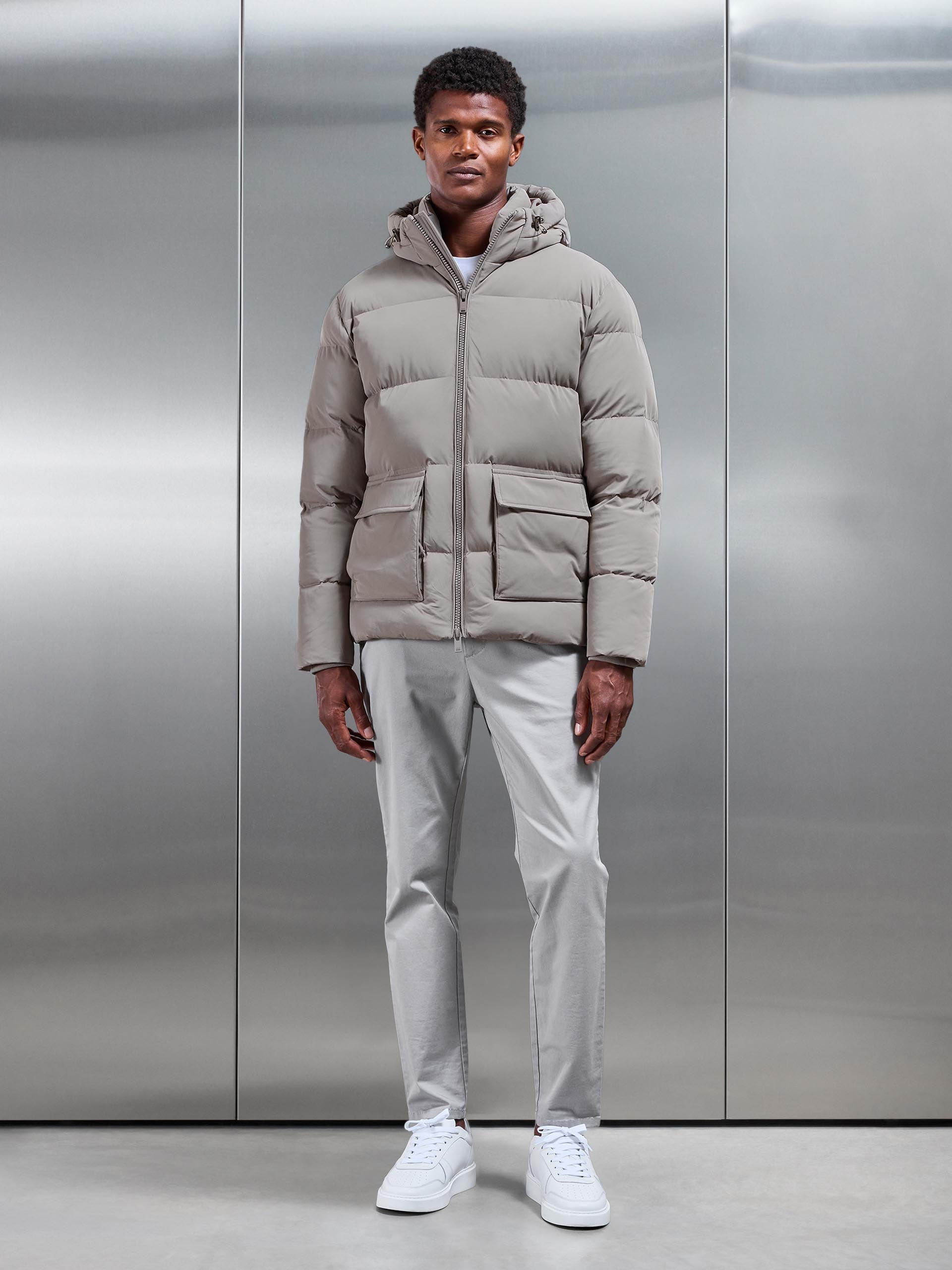 Mens Short Puffer Parka in Taupe