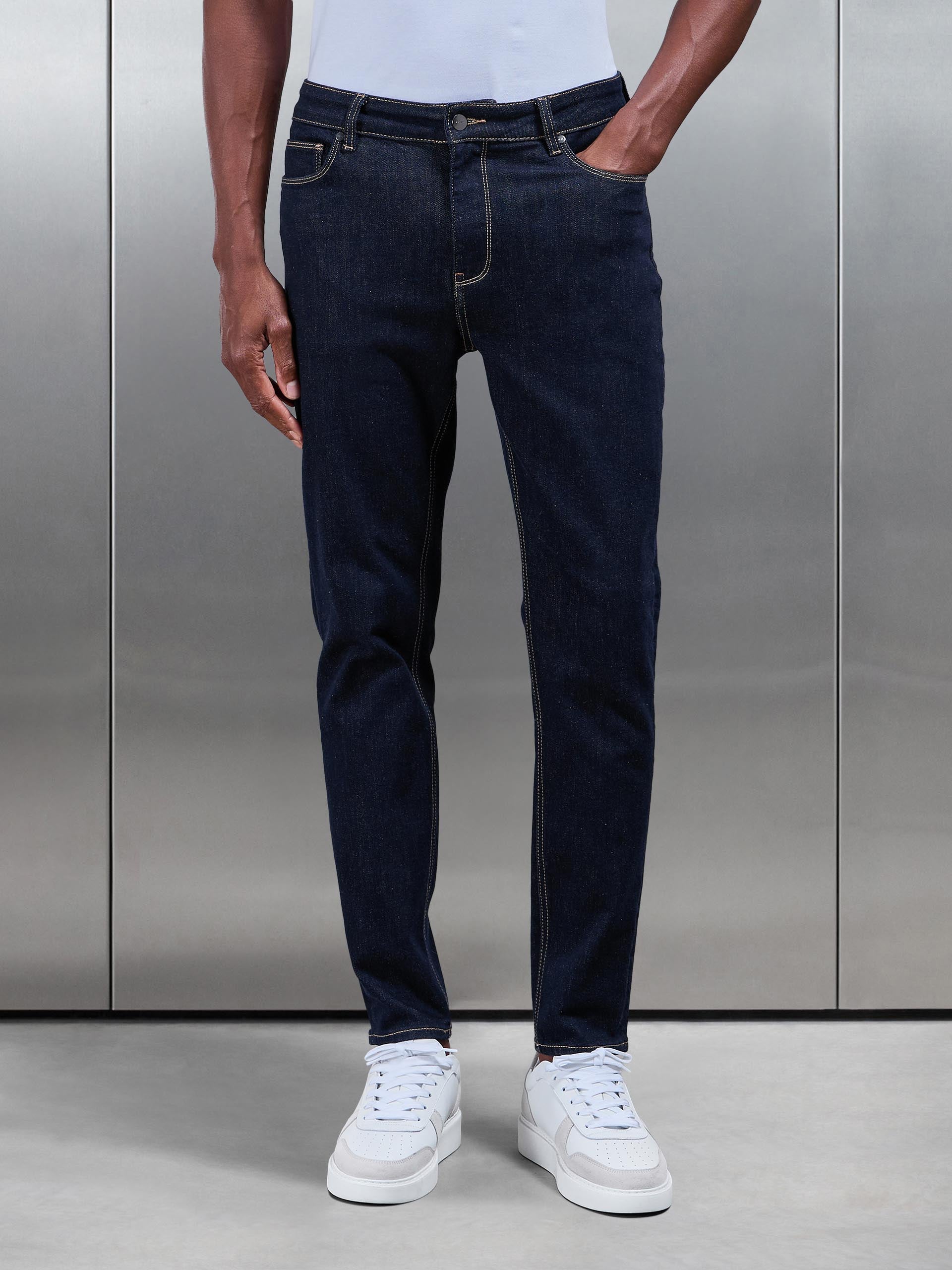 Mens Slim Fit Denim Jeans in Solid Dark Blue