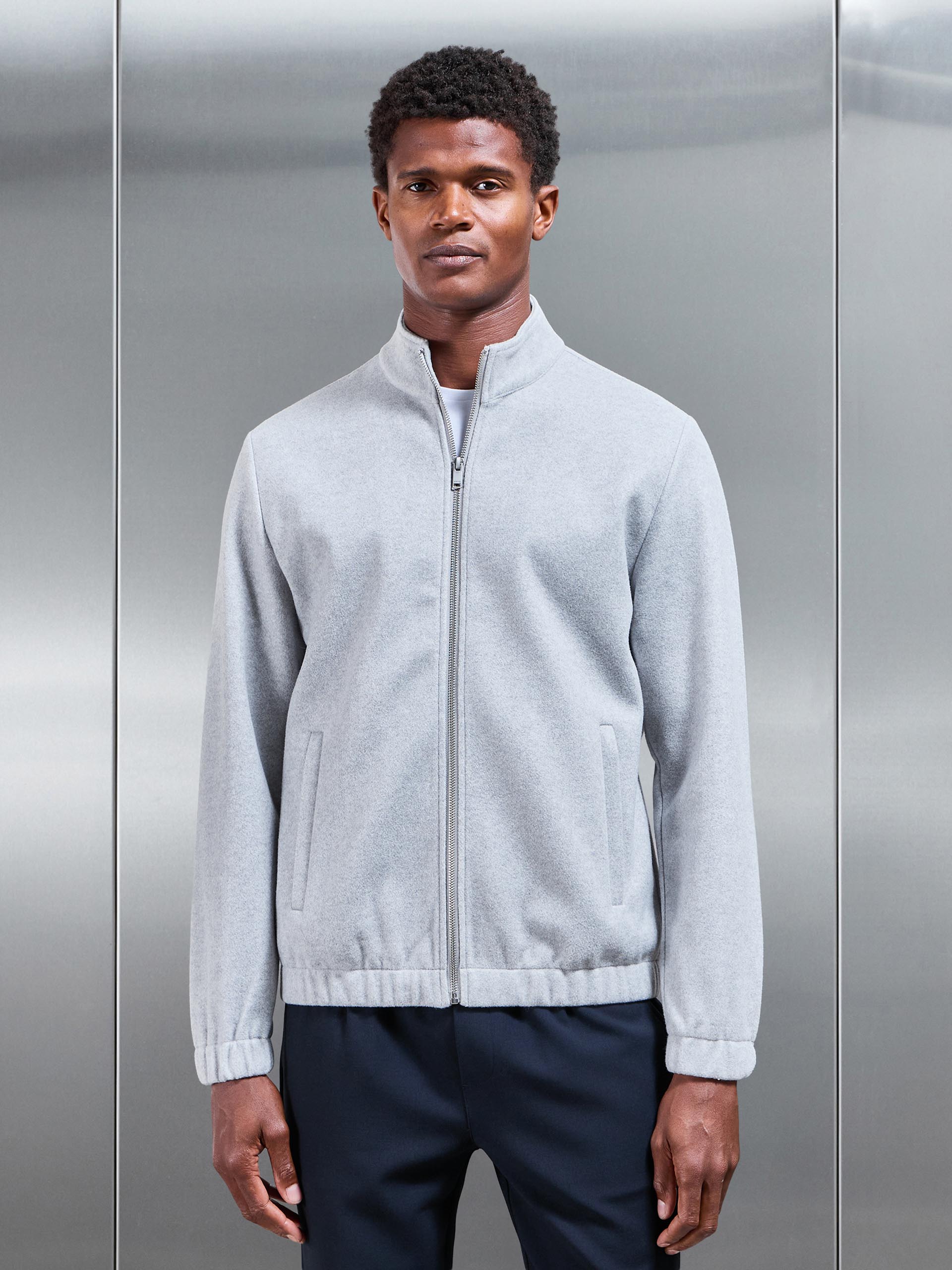 Mens Soft Touch Knitted Funnel Neck Jacket in Marl Grey