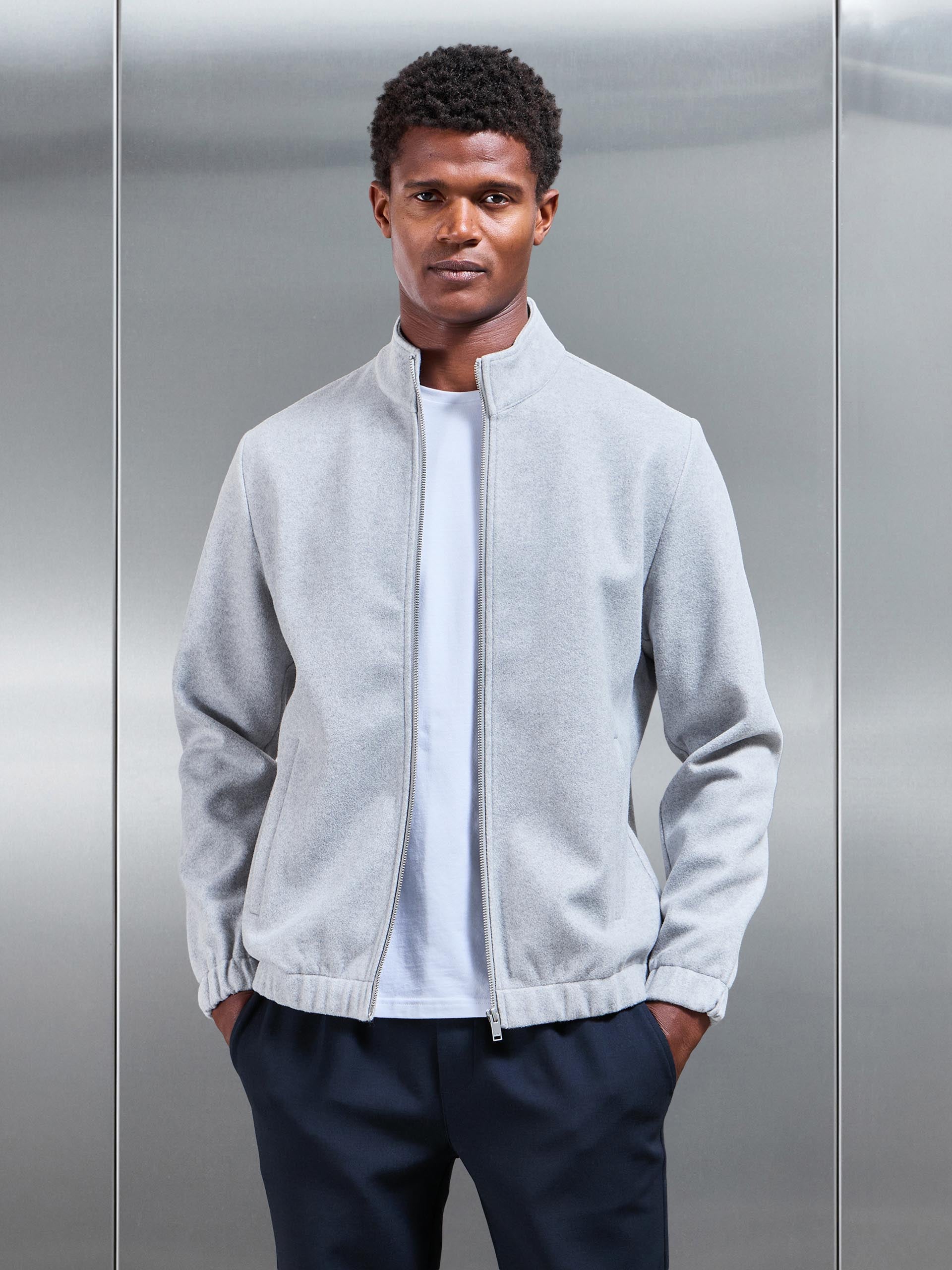 Mens Soft Touch Knitted Funnel Neck Jacket in Marl Grey