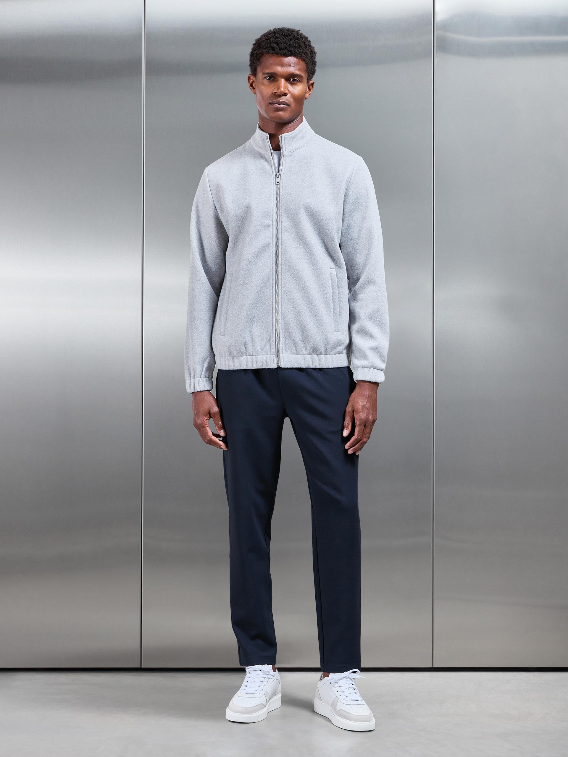 Mens Soft Touch Knitted Funnel Neck Jacket in Marl Grey
