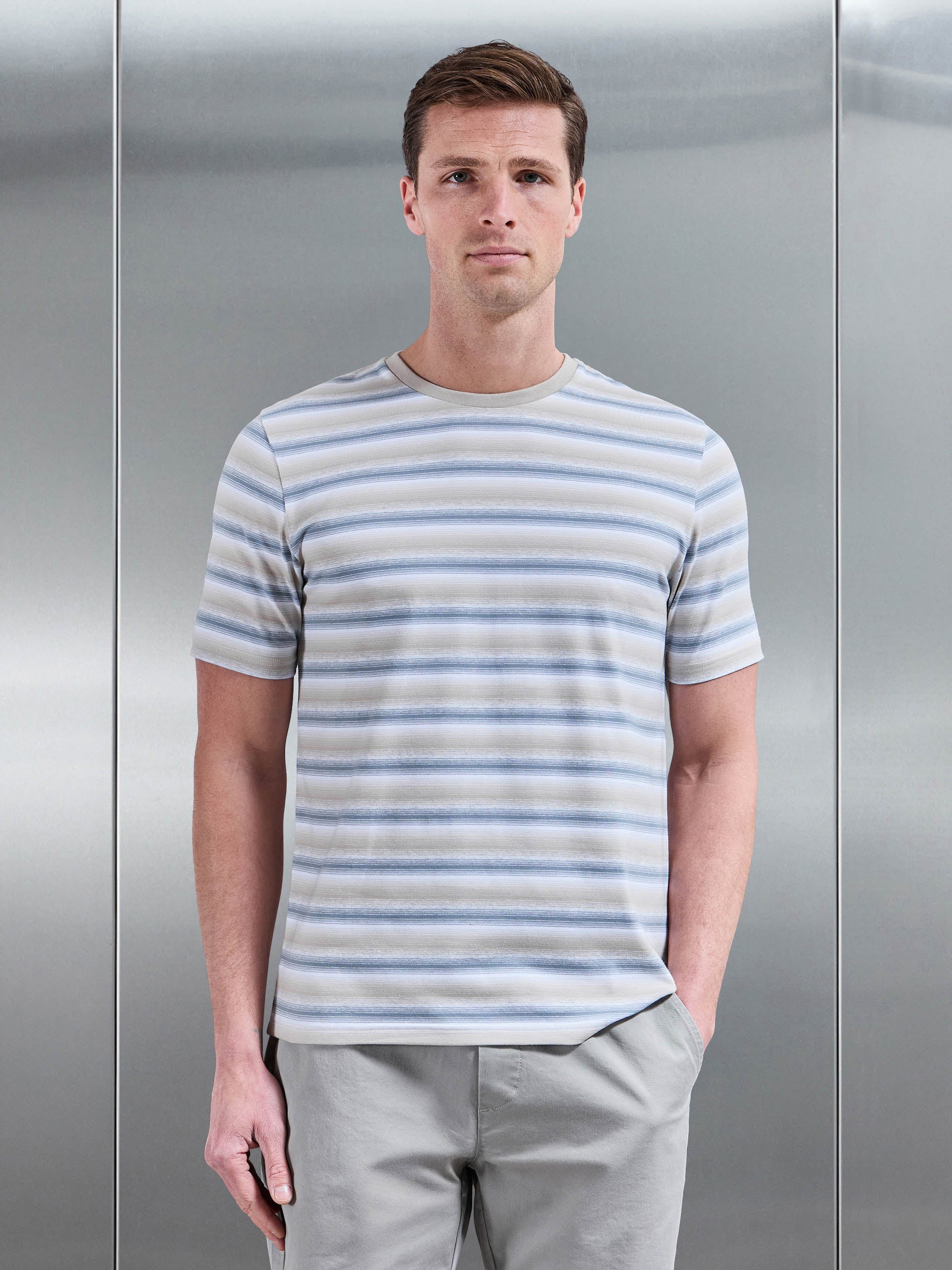 Mens Space Dye Stripe T-Shirt in Stone