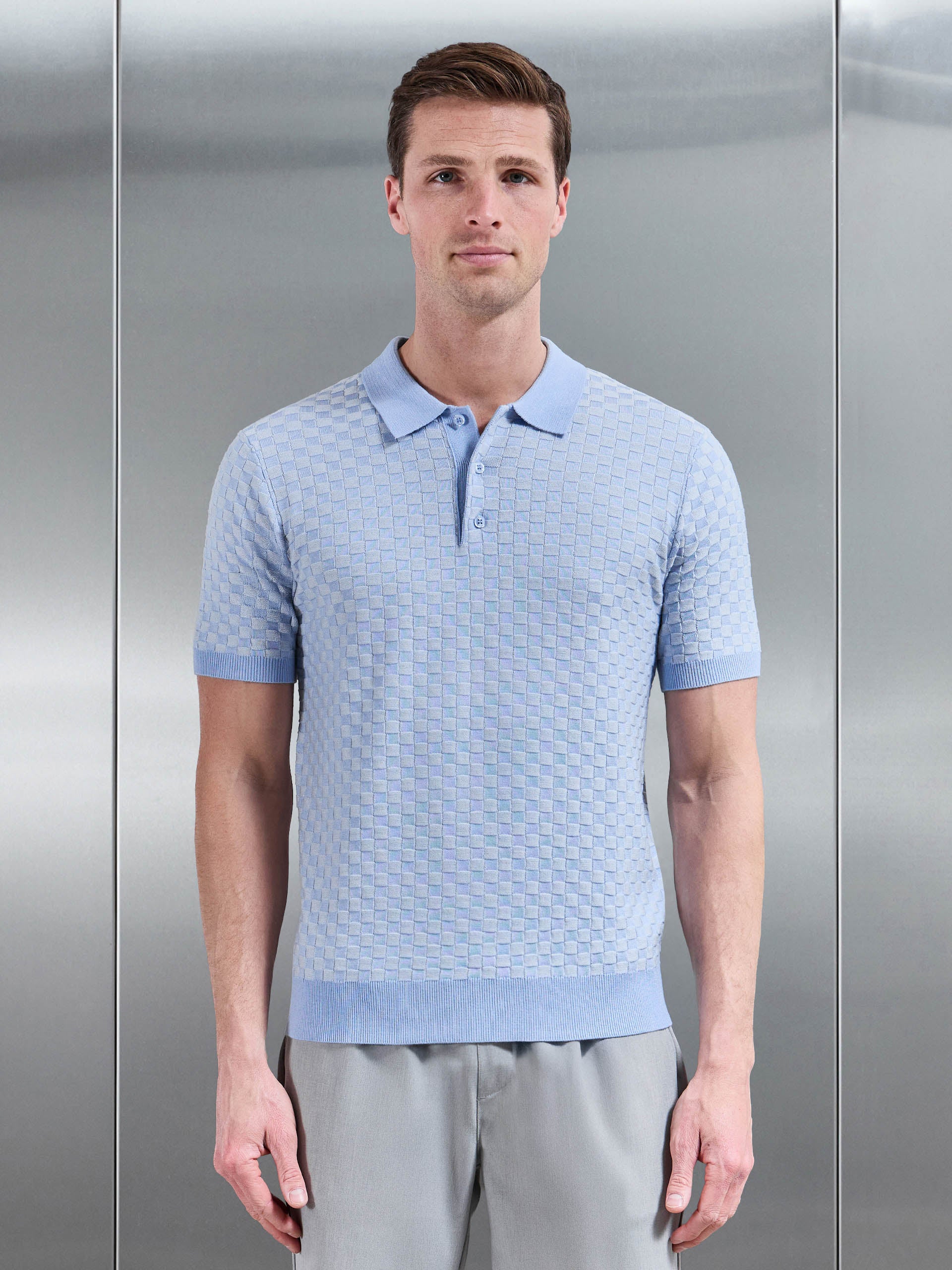 Mens Square Contrast Textured Polo Shirt in Light Blue