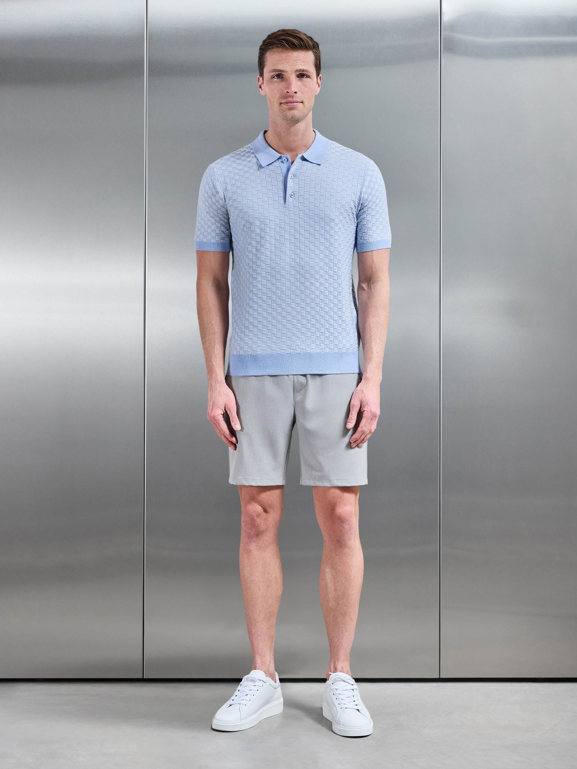 Mens Square Contrast Textured Polo Shirt in Light Blue