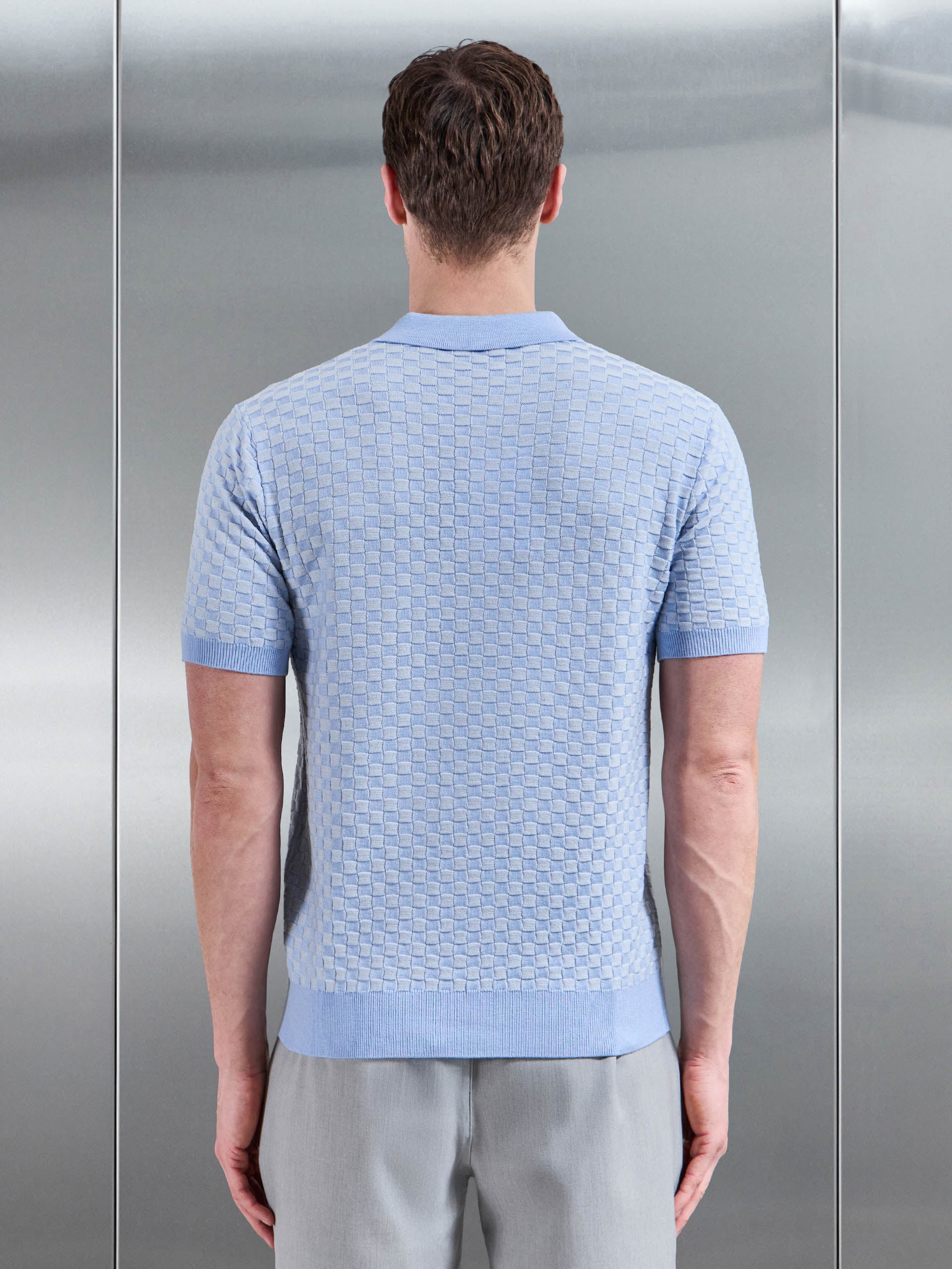 Mens Square Contrast Textured Polo Shirt in Light Blue