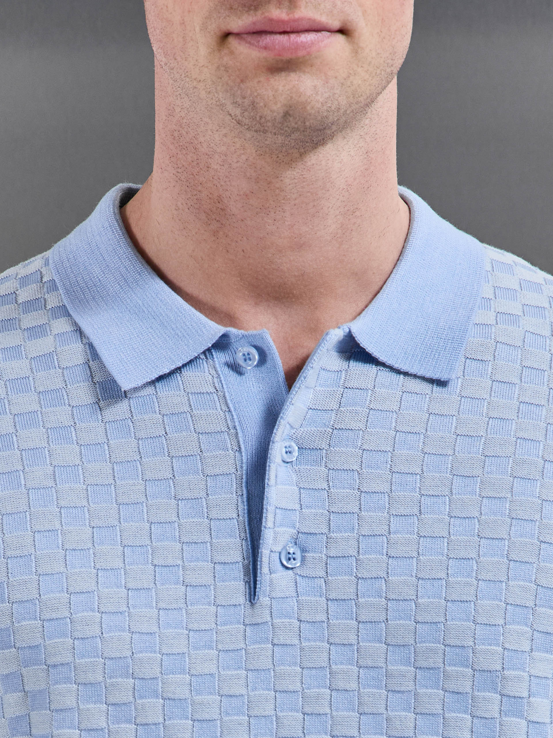 Mens Square Contrast Textured Polo Shirt in Light Blue