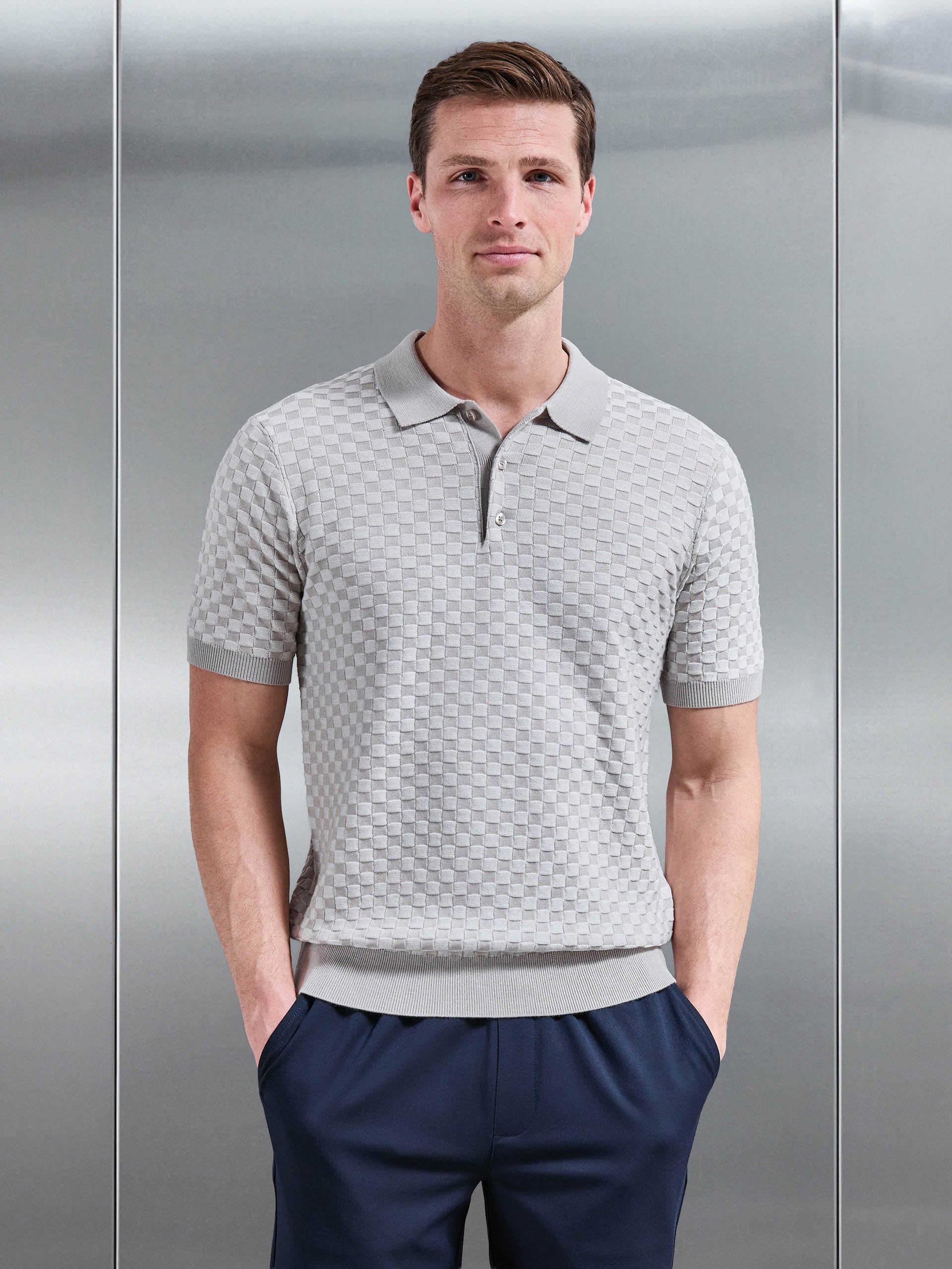Mens Square Contrast Textured Polo Shirt in Stone