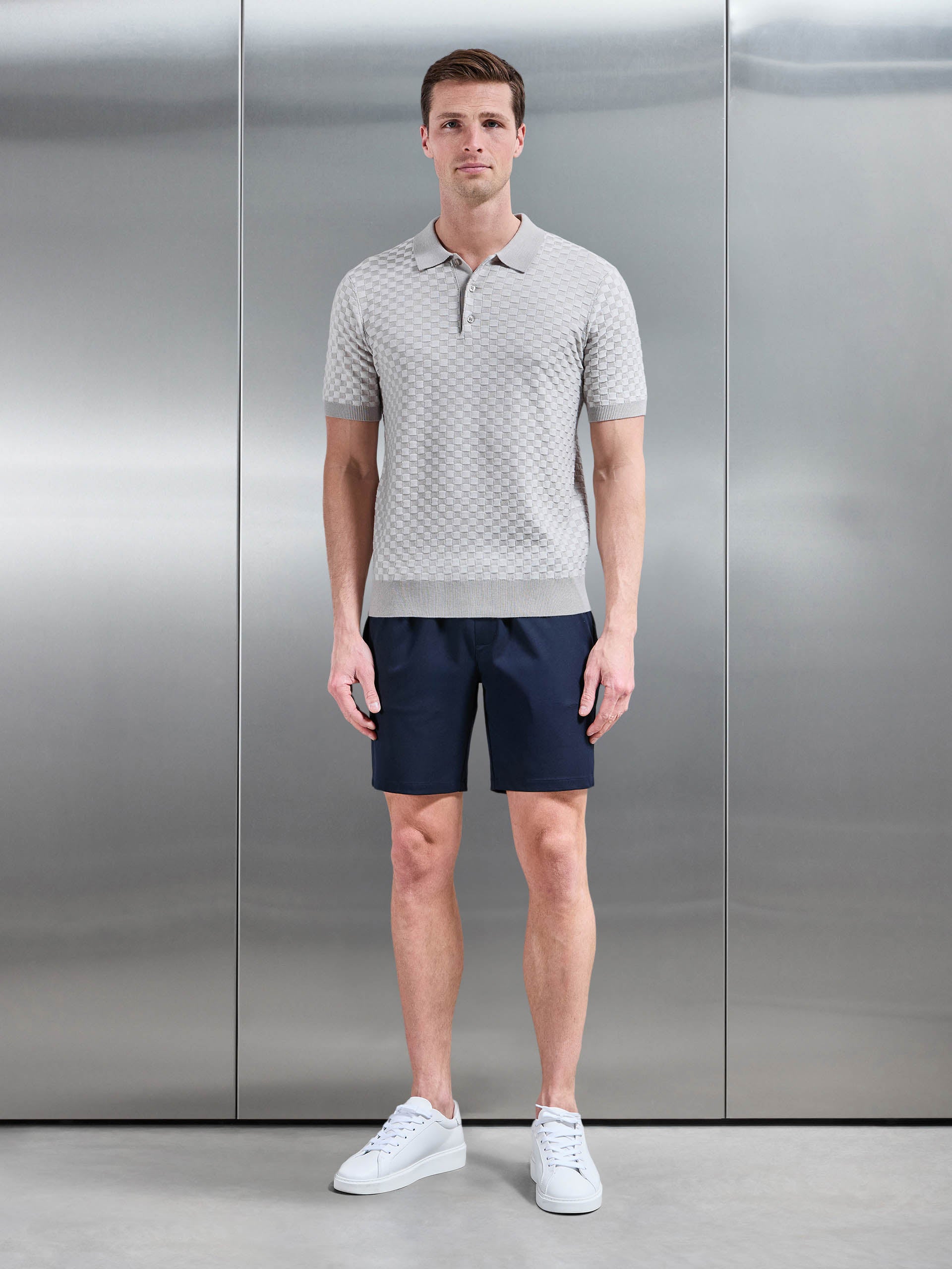 Mens Square Contrast Textured Polo Shirt in Stone