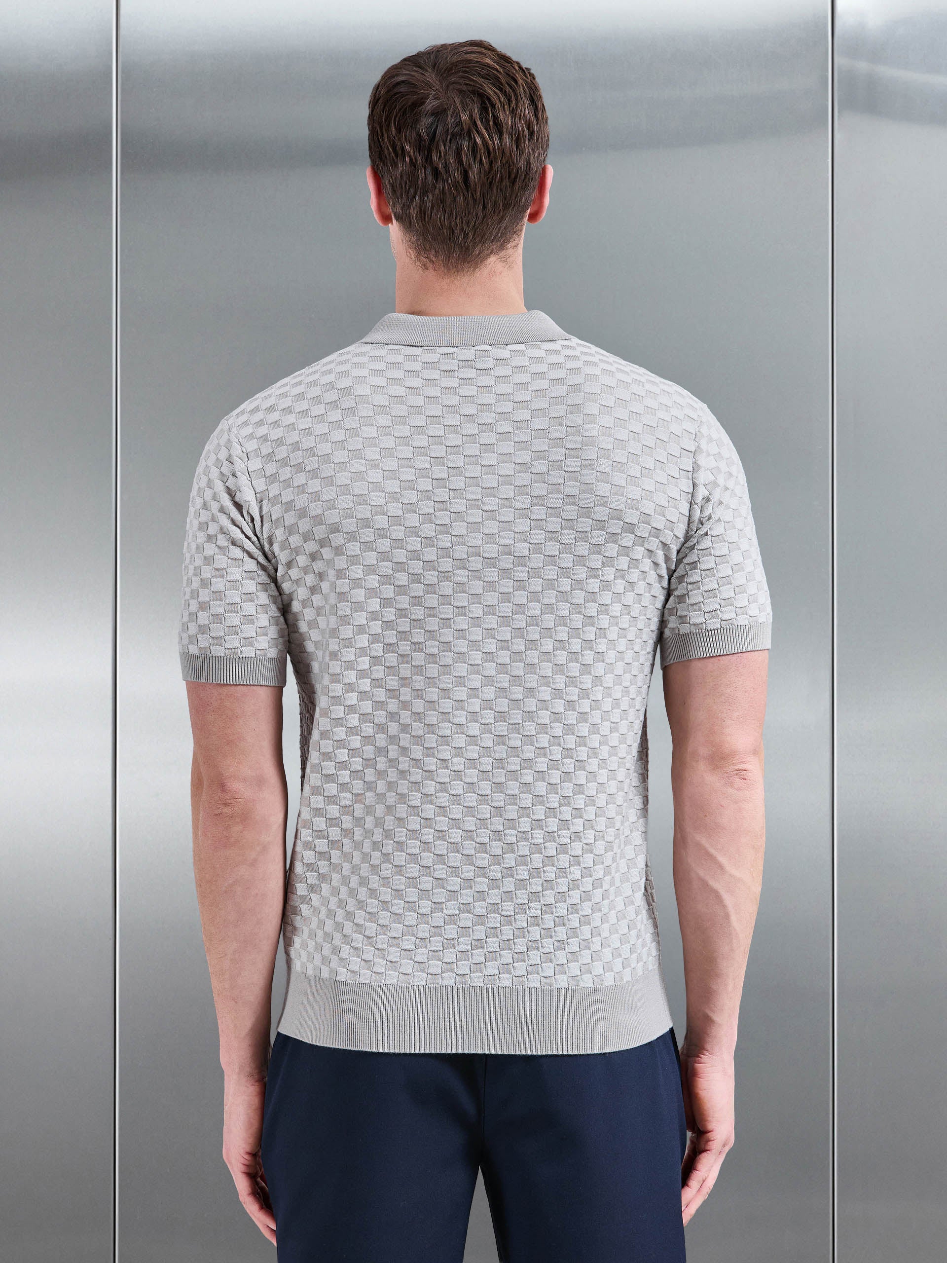 Mens Square Contrast Textured Polo Shirt in Stone