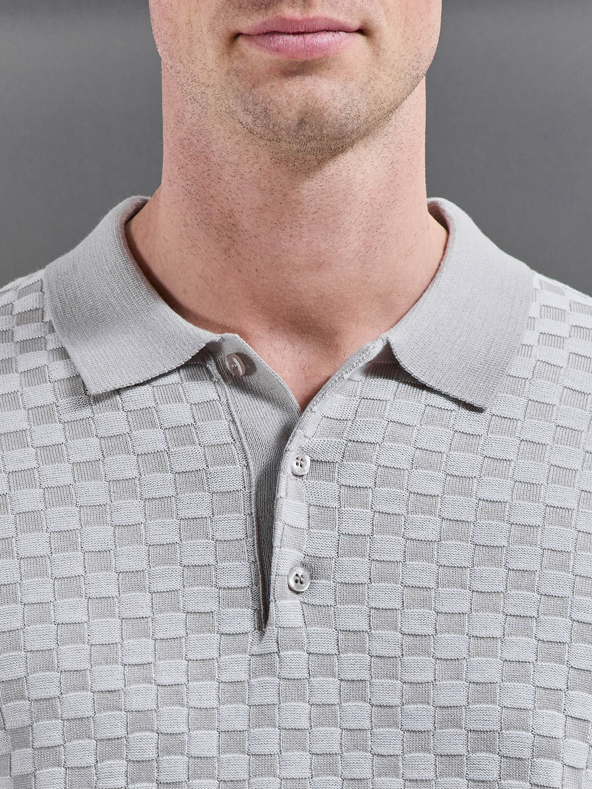Mens Square Contrast Textured Polo Shirt in Stone