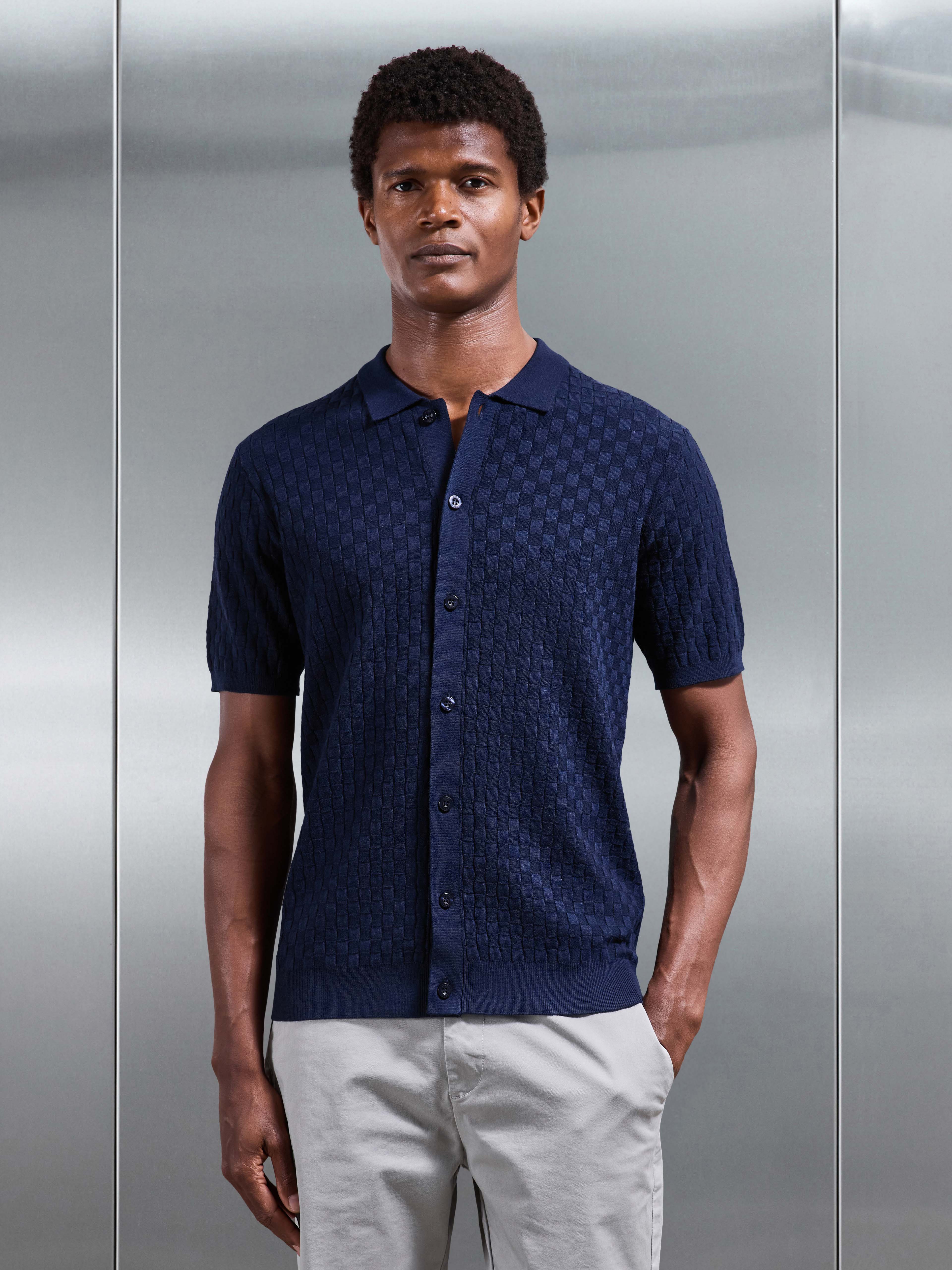 Mens Square Textured Button Through Shirt in Navy