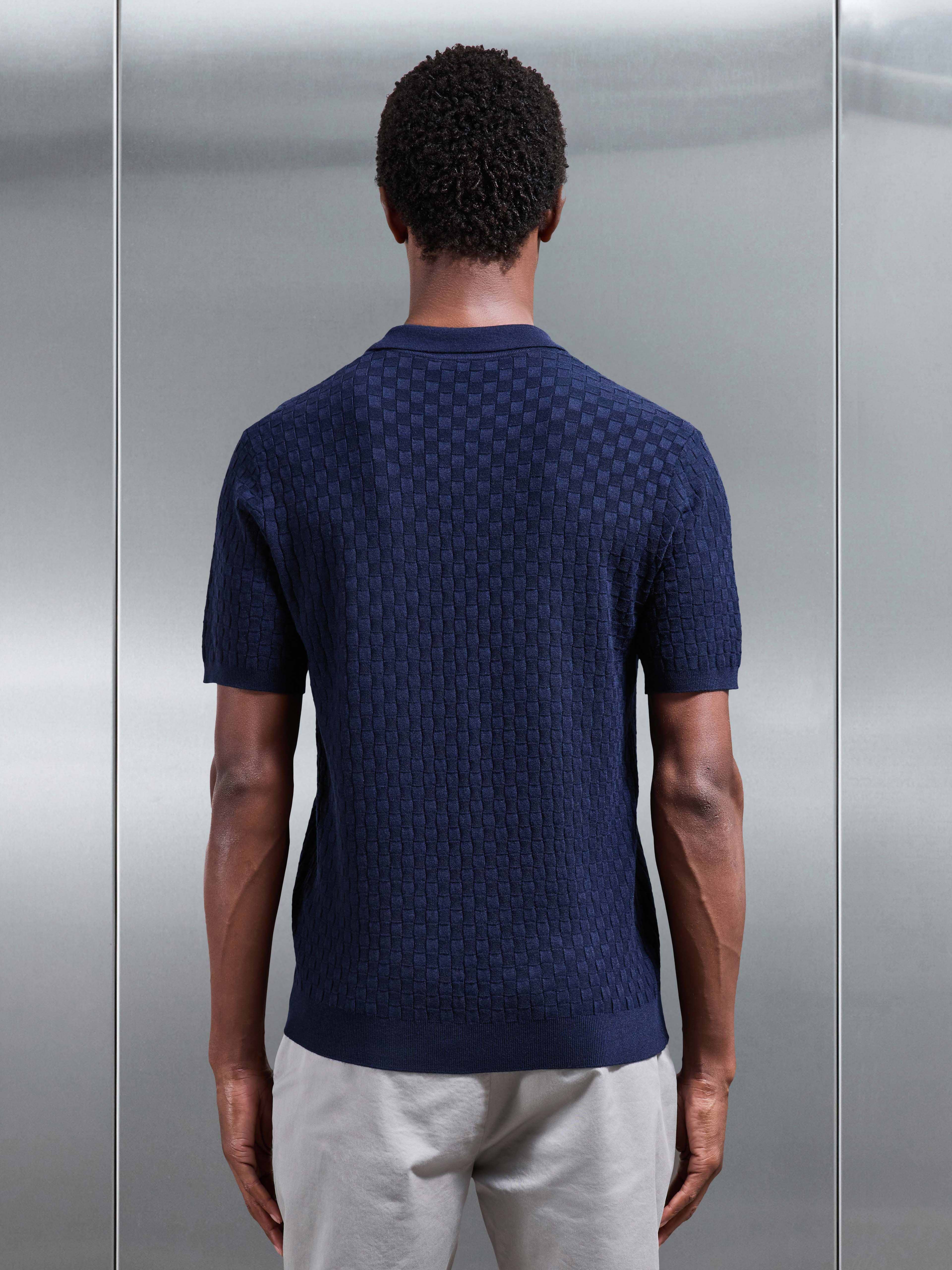 Square Textured Button Through Shirt in Navy