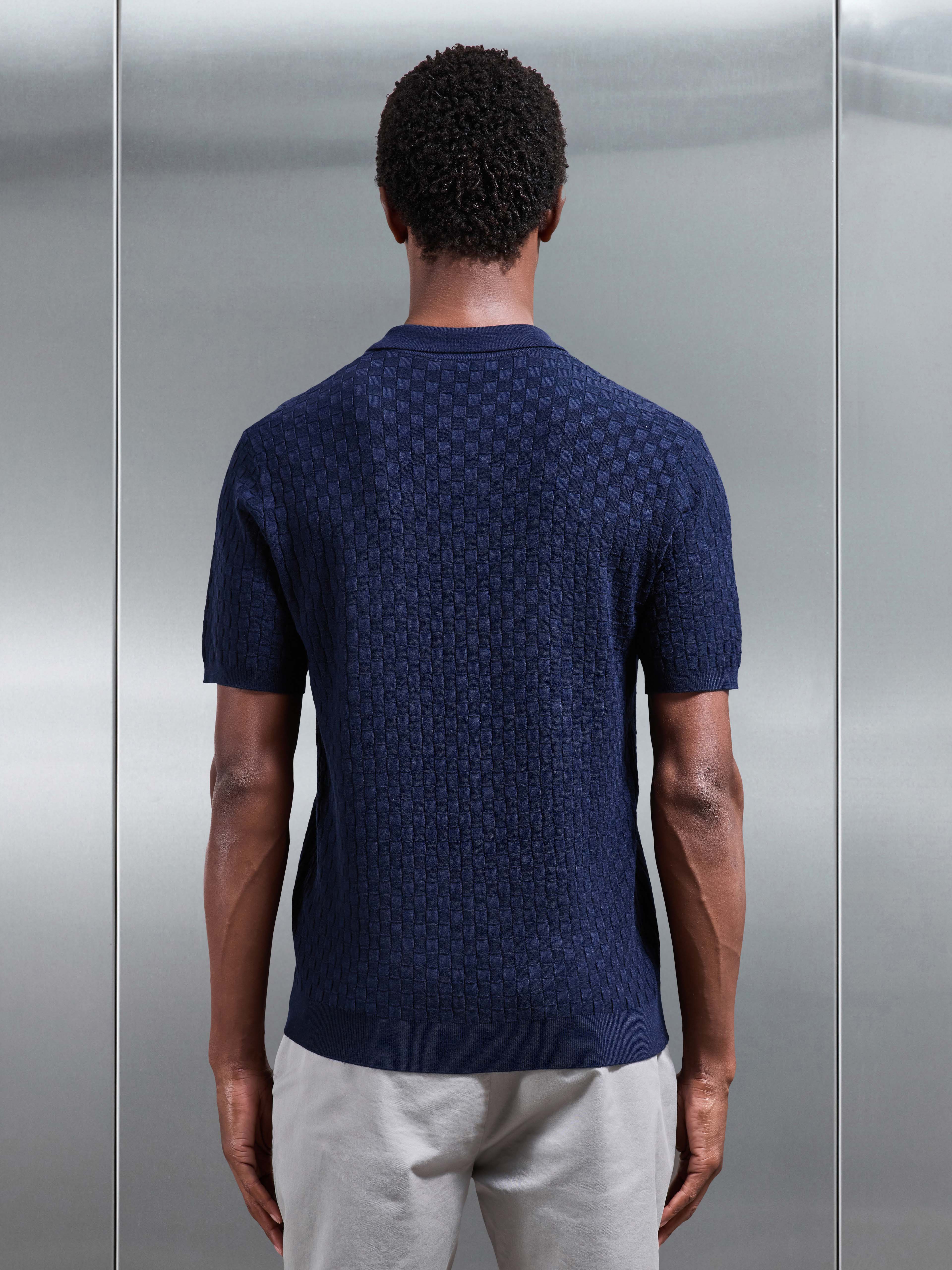 Mens Square Textured Button Through Shirt in Navy