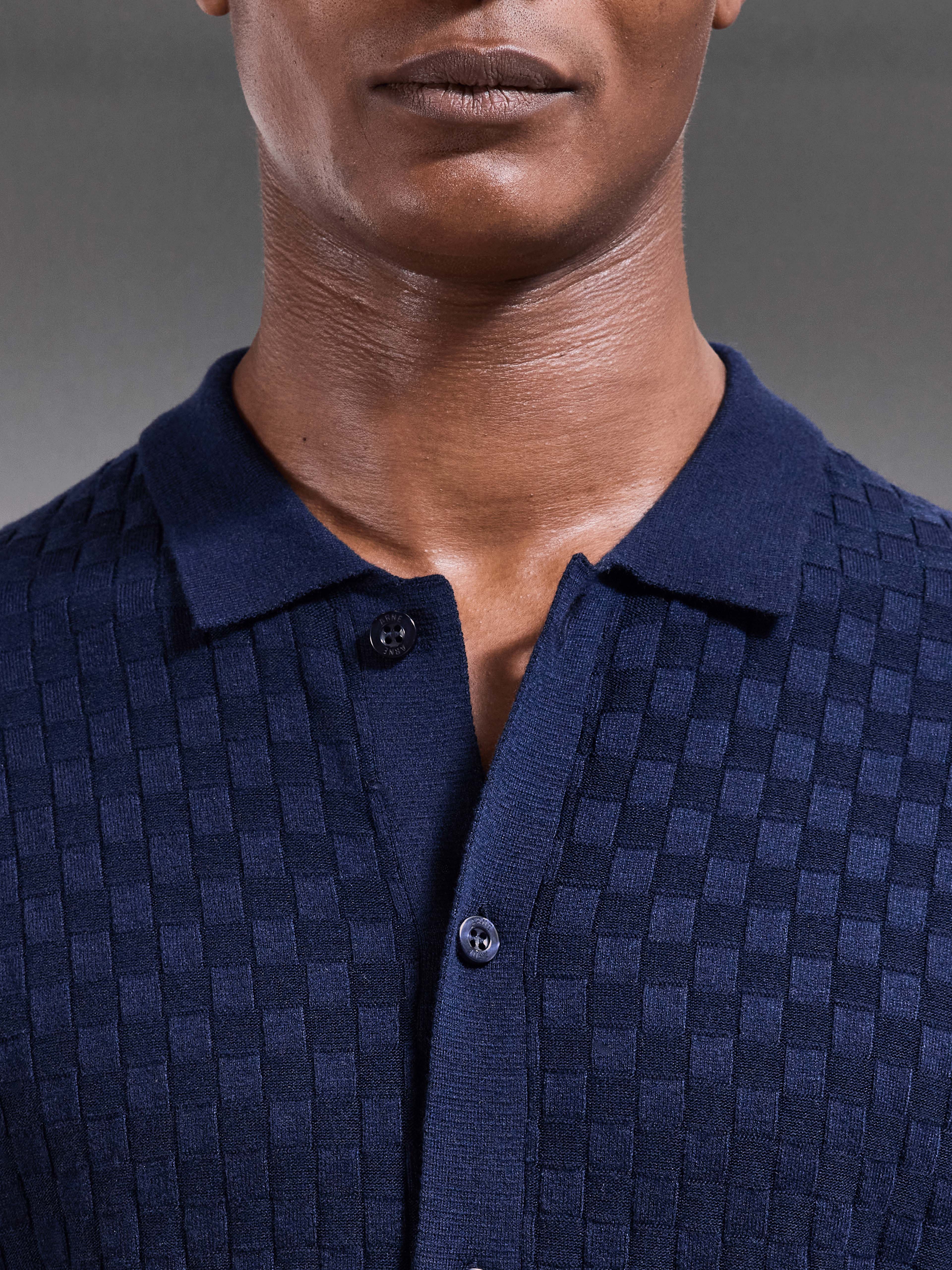 Mens Square Textured Button Through Shirt in Navy