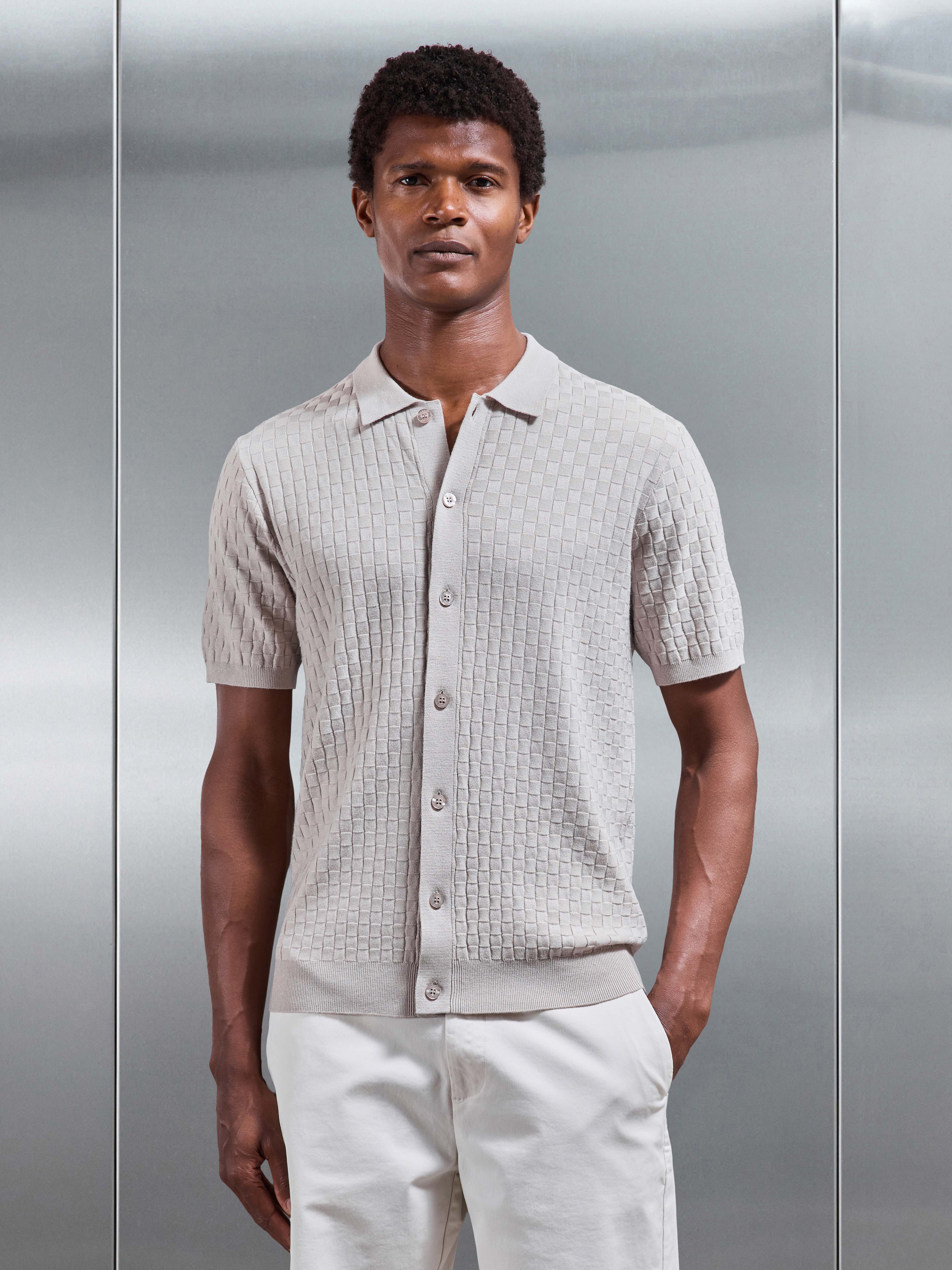 Mens Square Textured Button Through Shirt in Stone