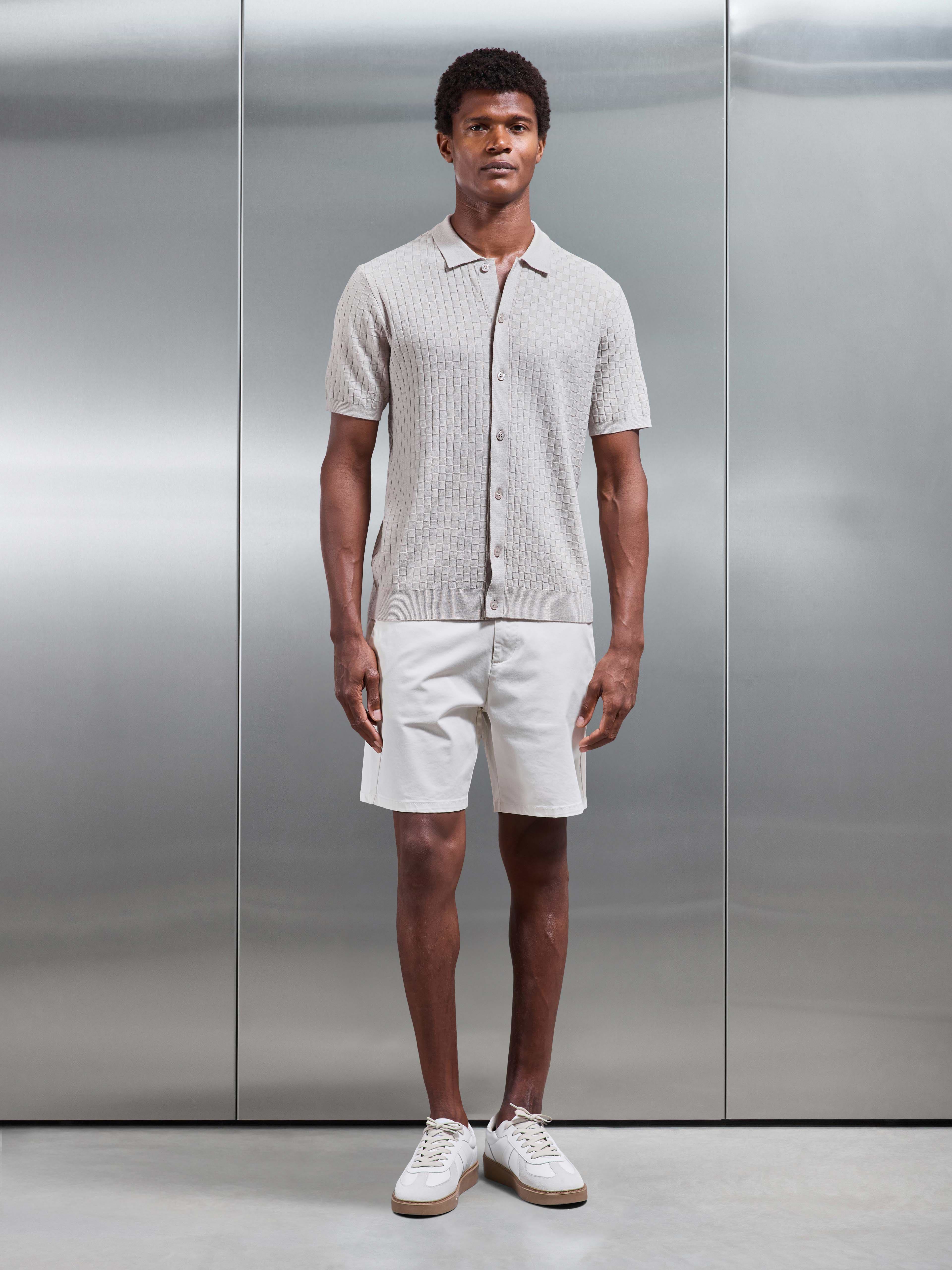 Mens Square Textured Button Through Shirt in Stone