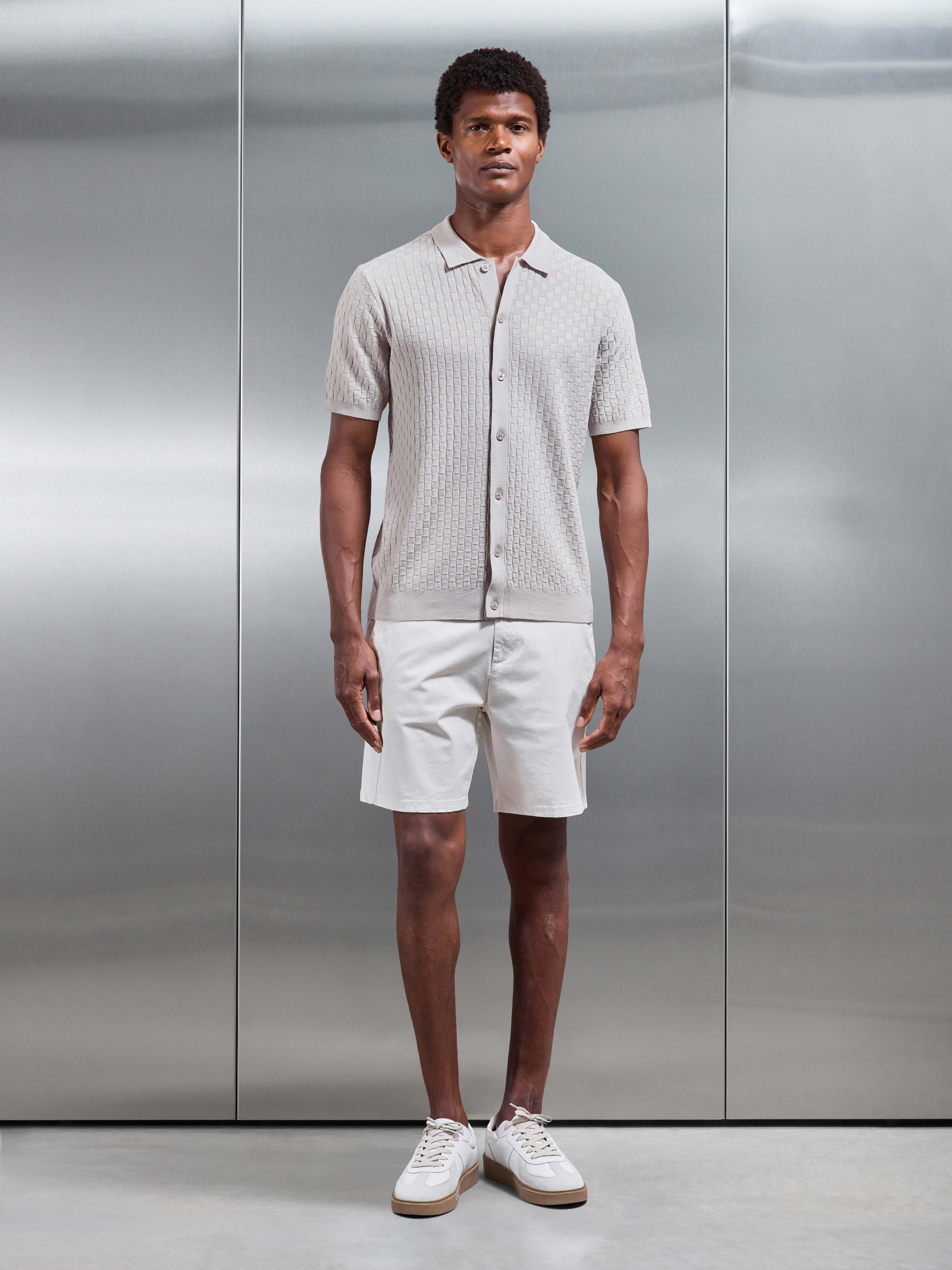 Mens Square Textured Button Through Shirt in Stone