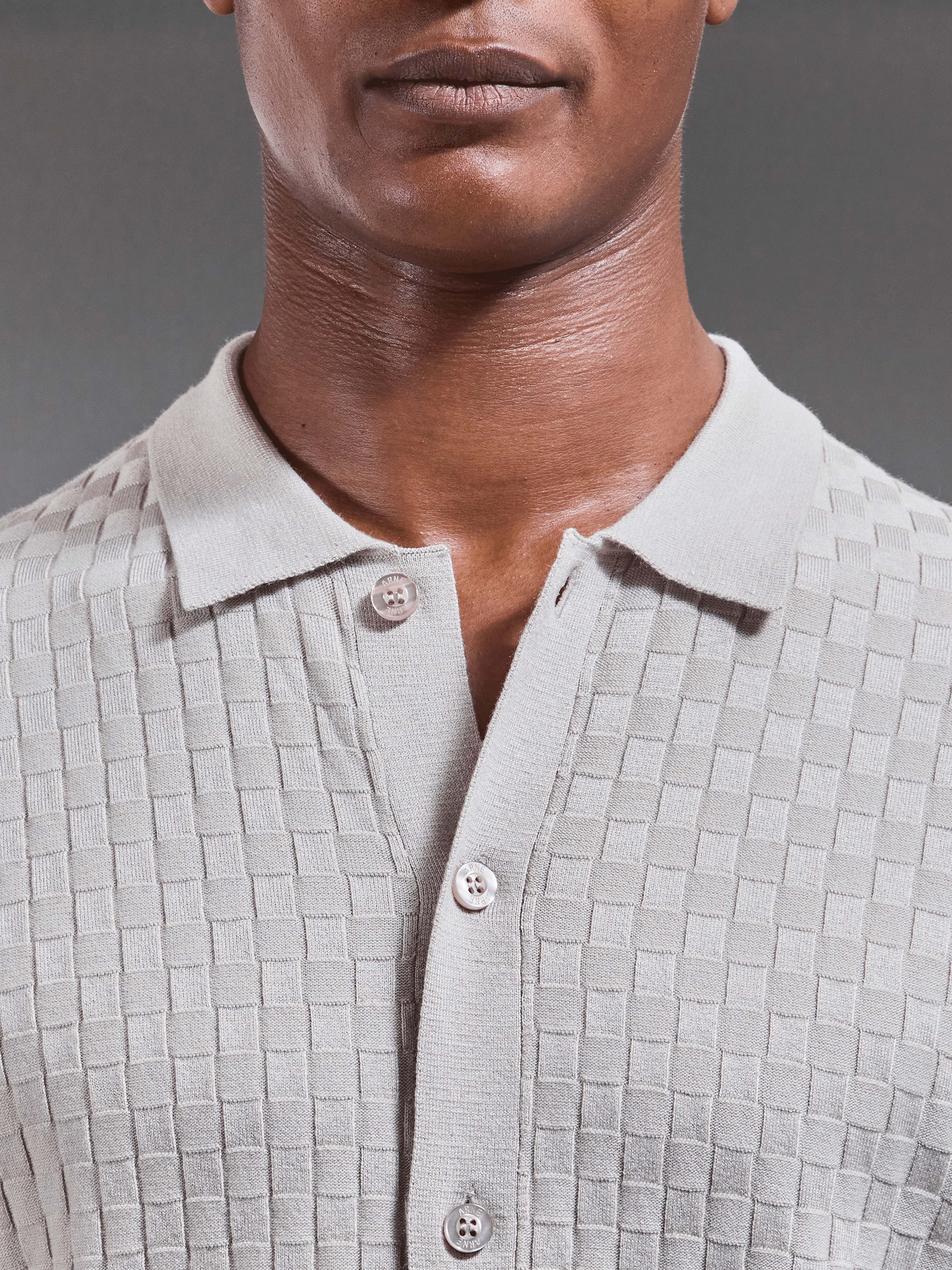 Mens Square Textured Button Through Shirt in Stone