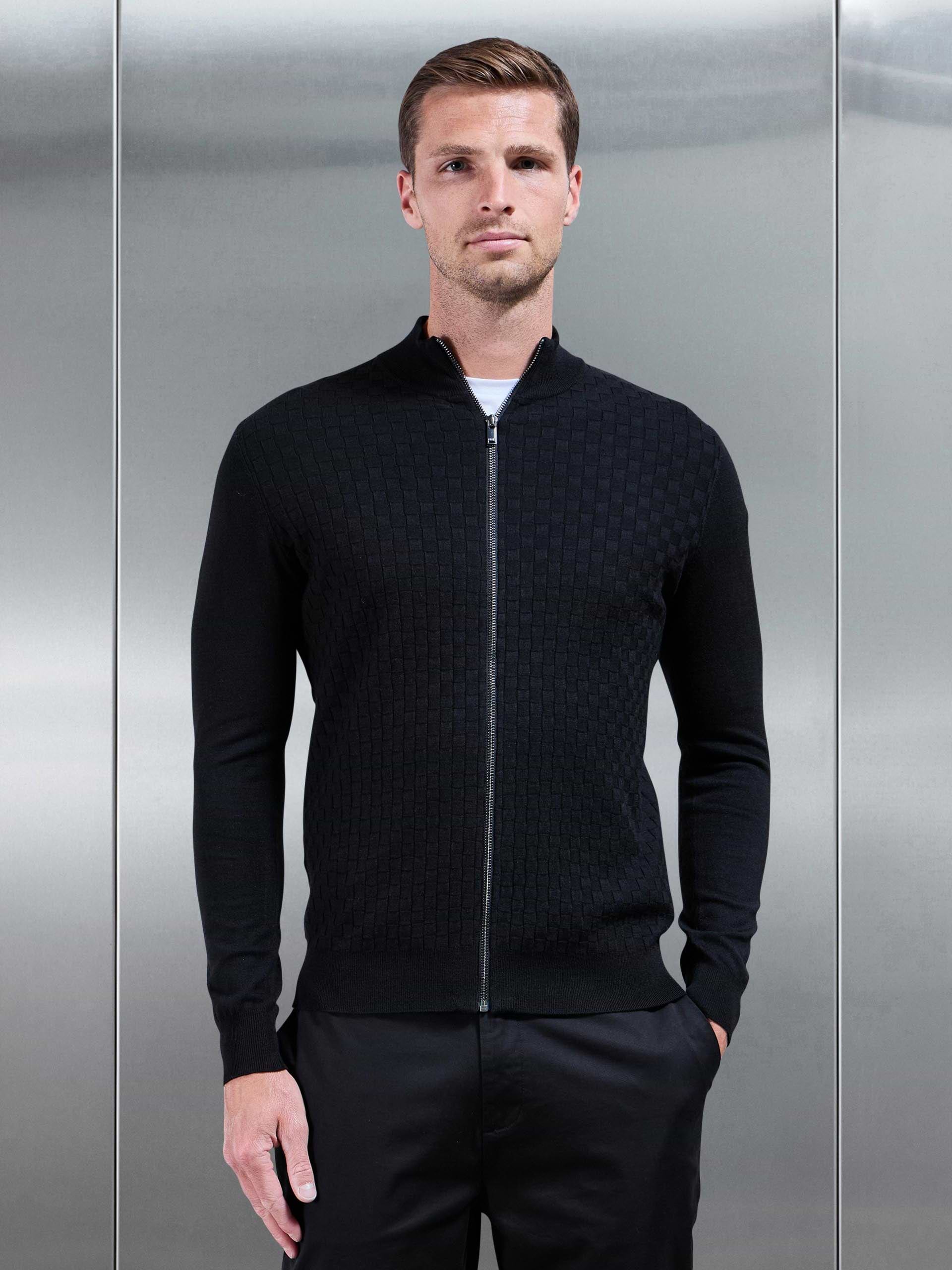 Square Textured Knitted Zip Jacket in Black