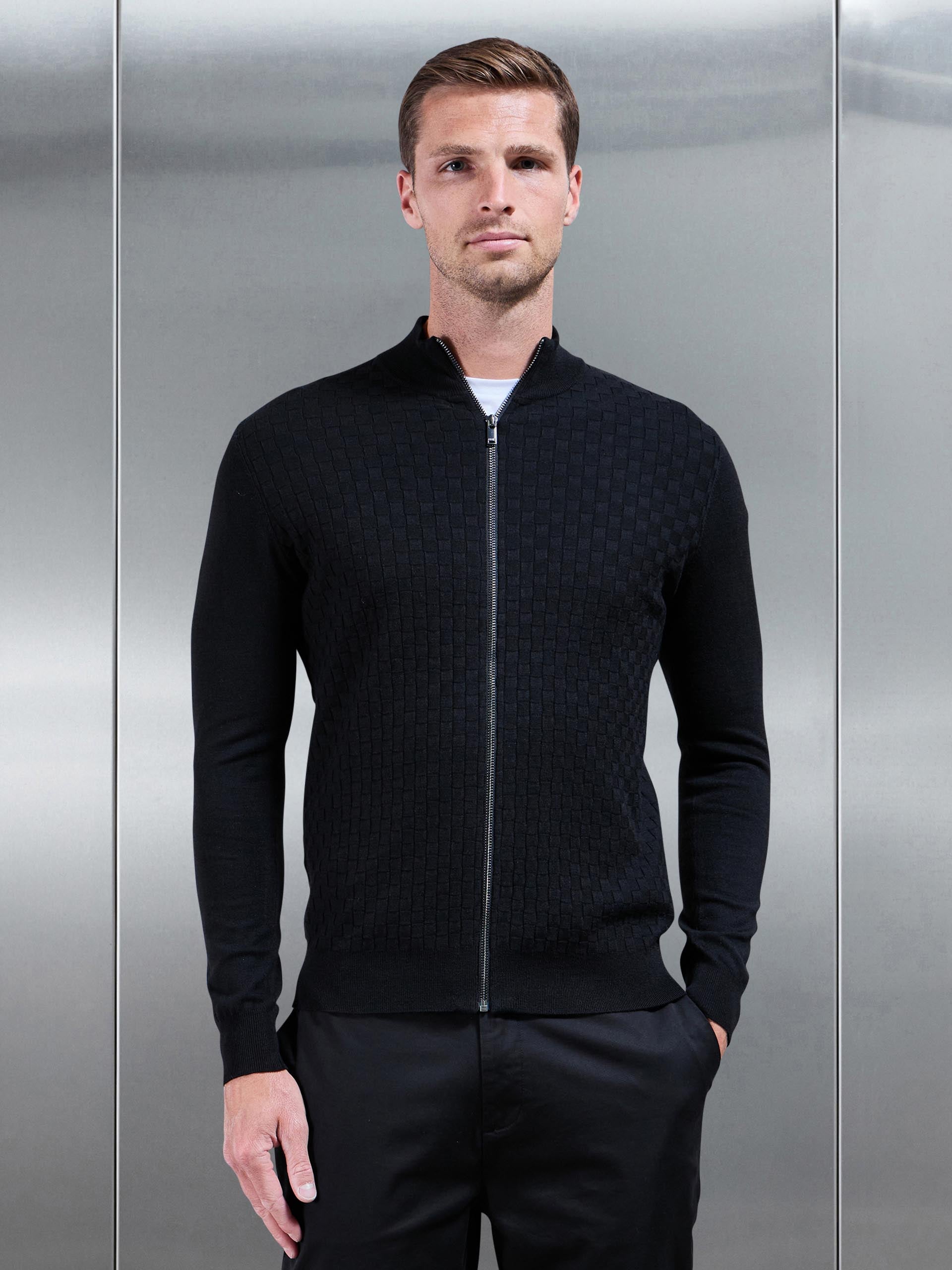Mens Square Textured Knitted Zip Jacket in Black
