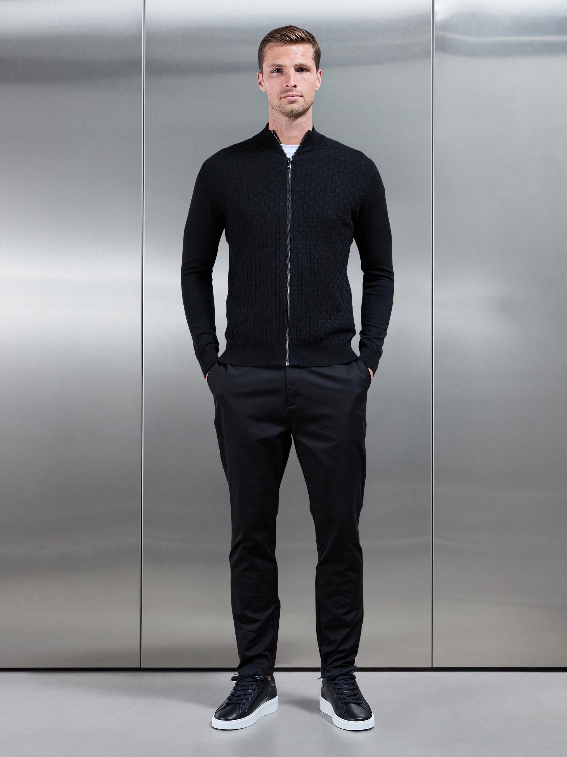 Mens Square Textured Knitted Zip Jacket in Black