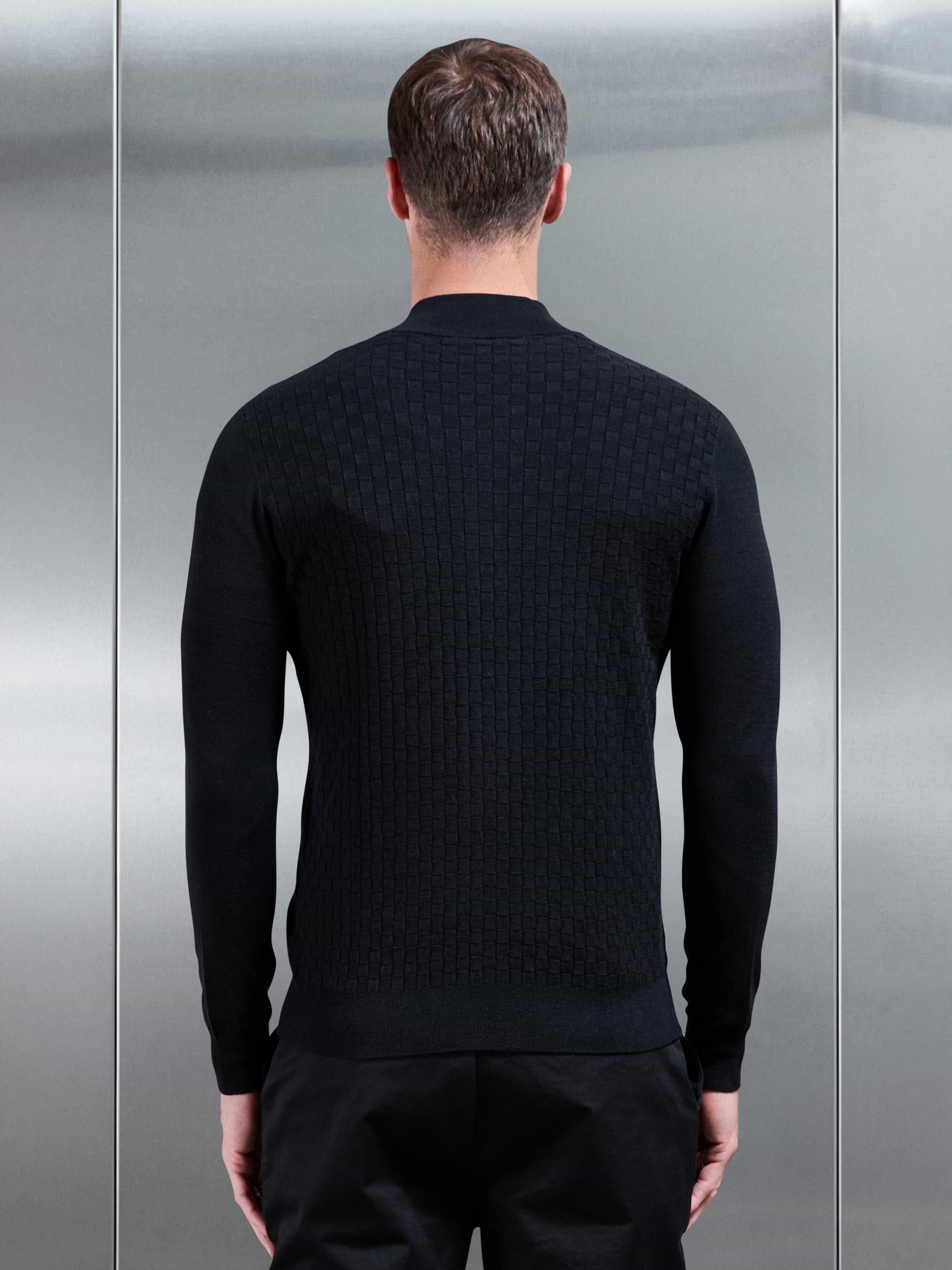 Square Textured Knitted Zip Jacket in Black