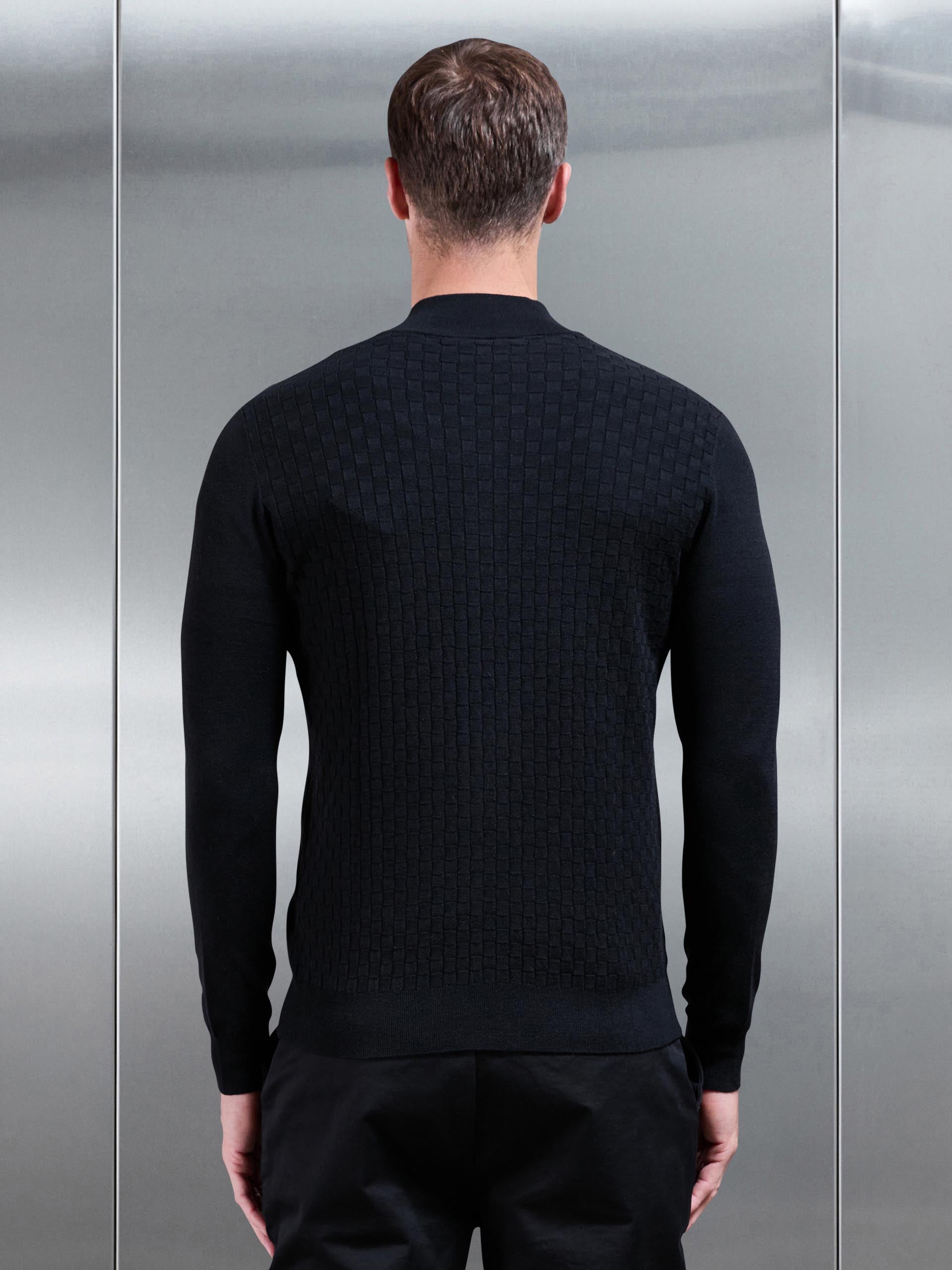 Mens Square Textured Knitted Zip Jacket in Black