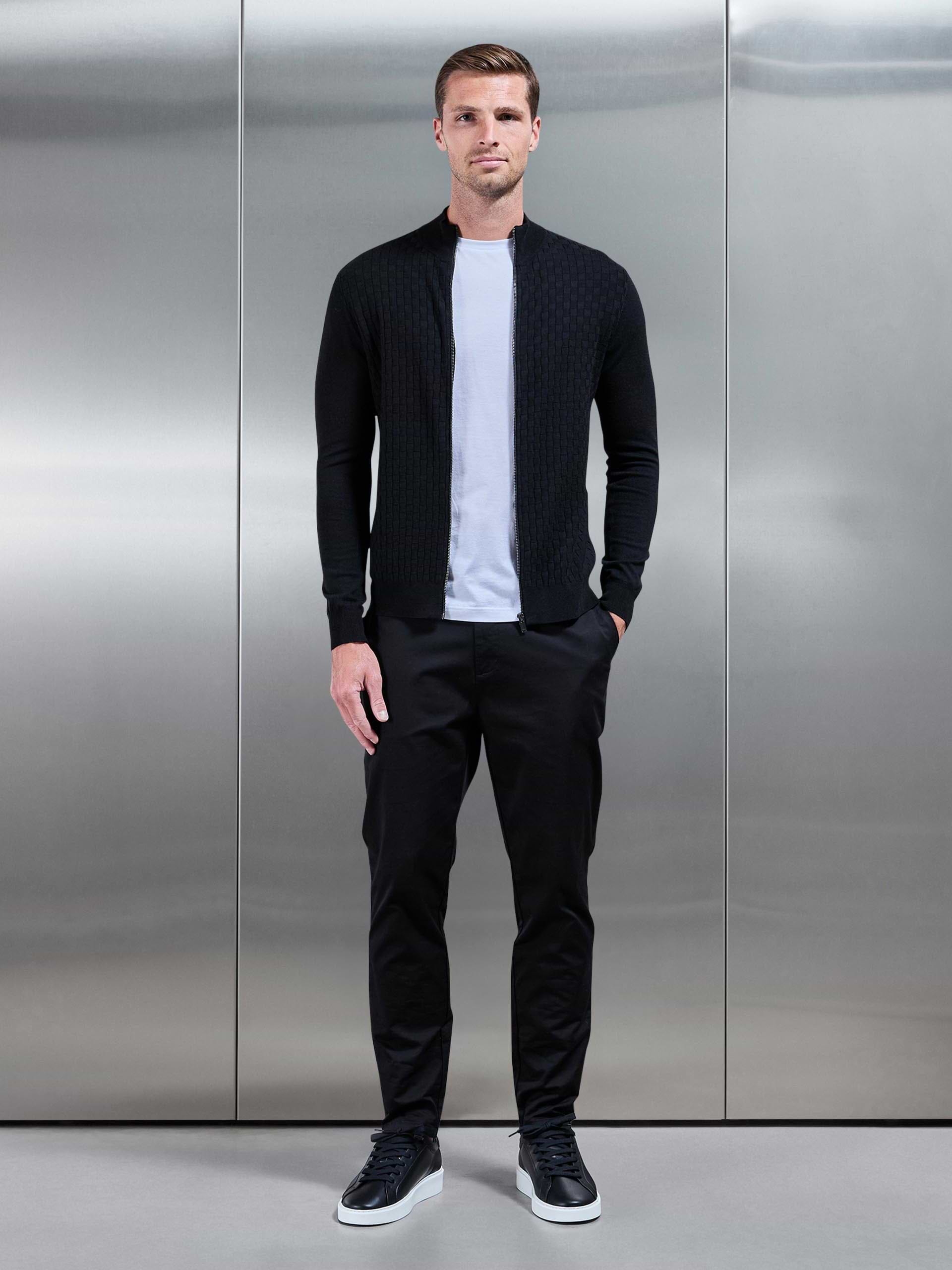 Square Textured Knitted Zip Jacket in Black