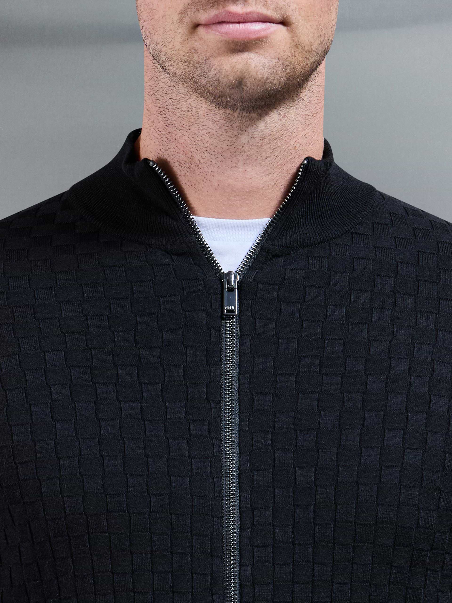Square Textured Knitted Zip Jacket in Black
