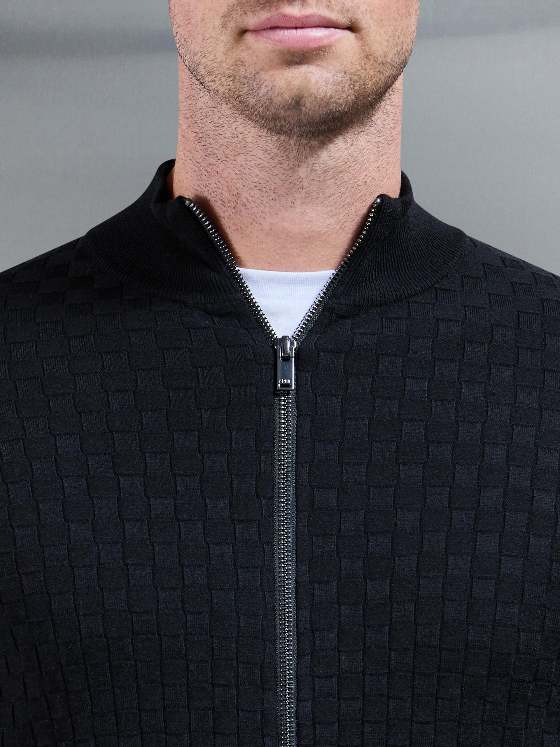 Mens Square Textured Knitted Zip Jacket in Black