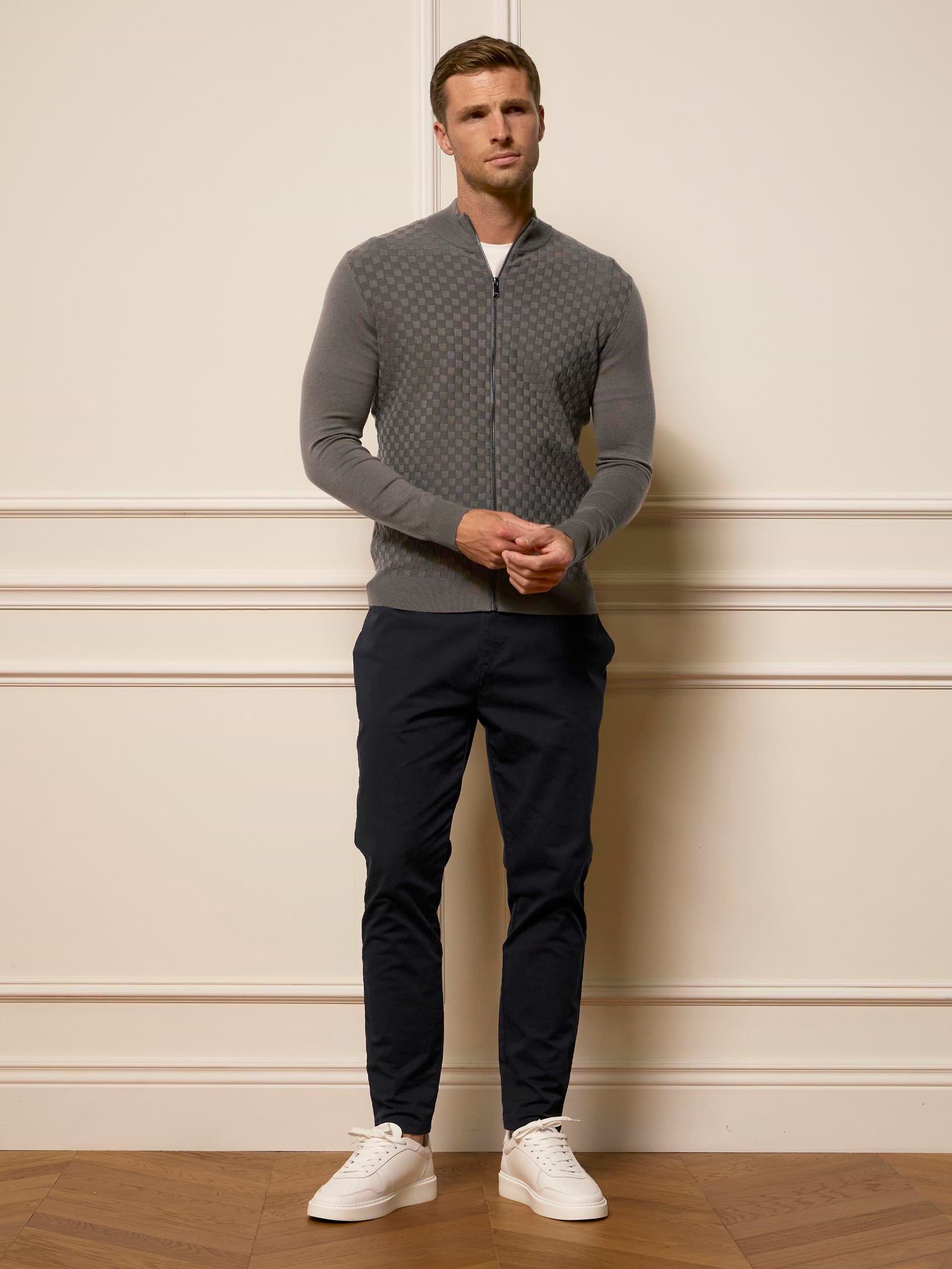 Mens Square Textured Knitted Zip Jacket in Sage