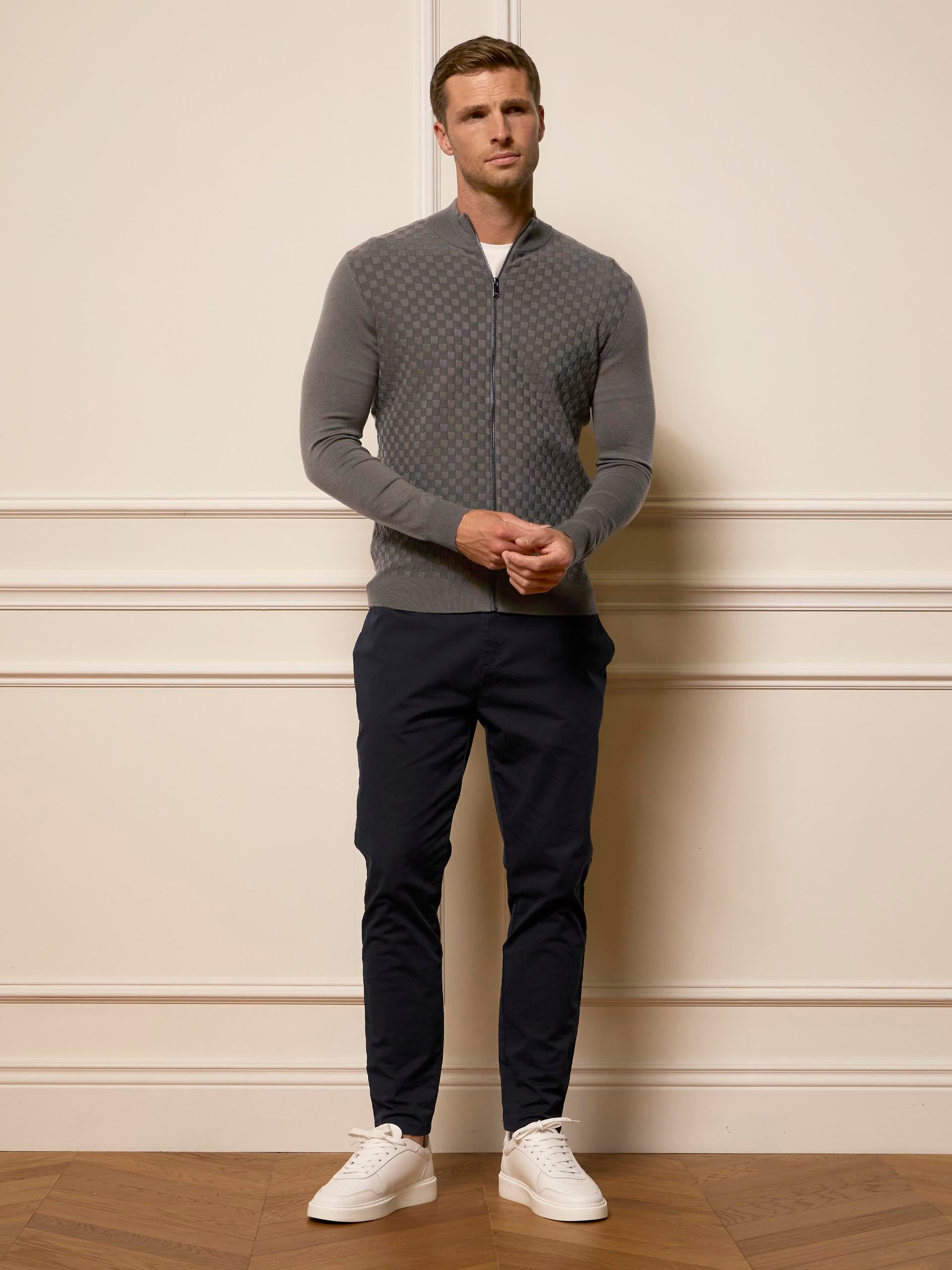 Mens Square Textured Knitted Zip Jacket in Sage