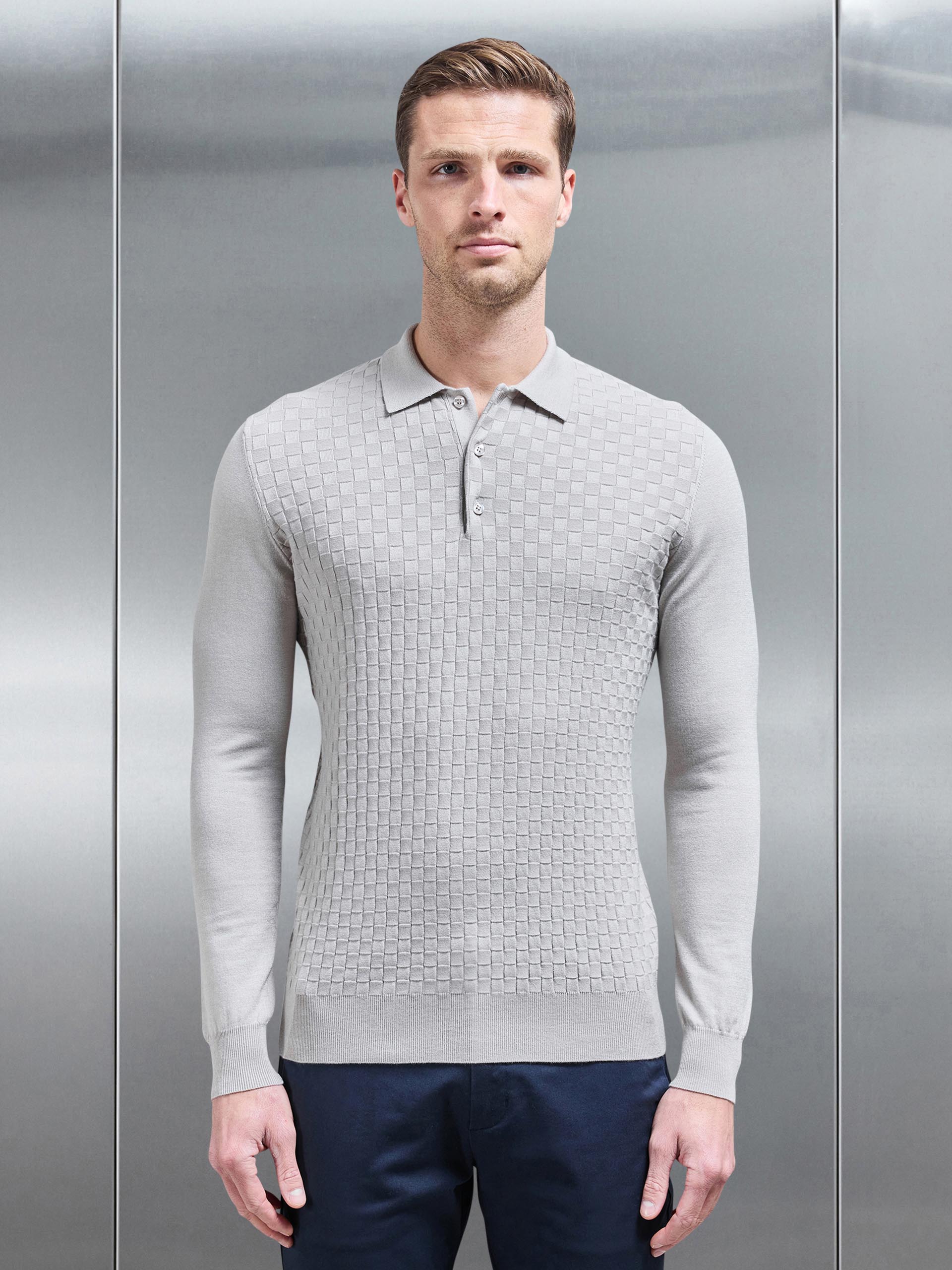 Mens Square Textured Long Sleeve Button Polo Shirt in Stone
