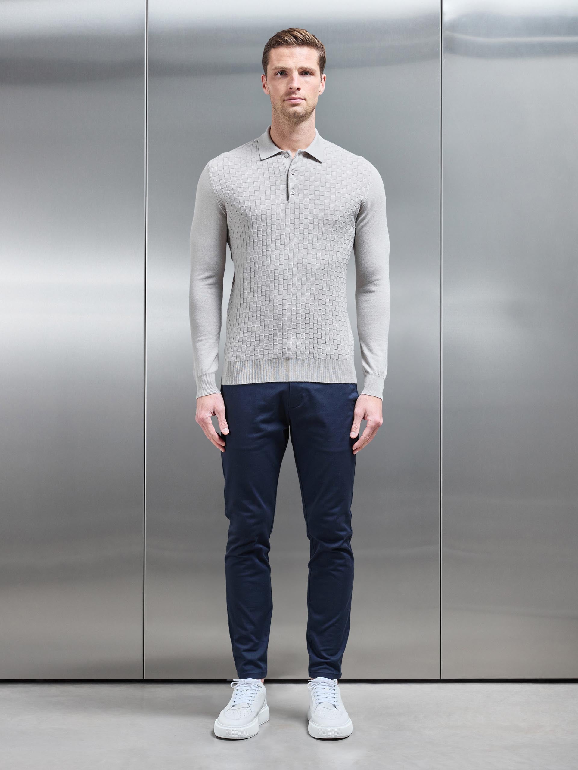 Mens Square Textured Long Sleeve Button Polo Shirt in Stone