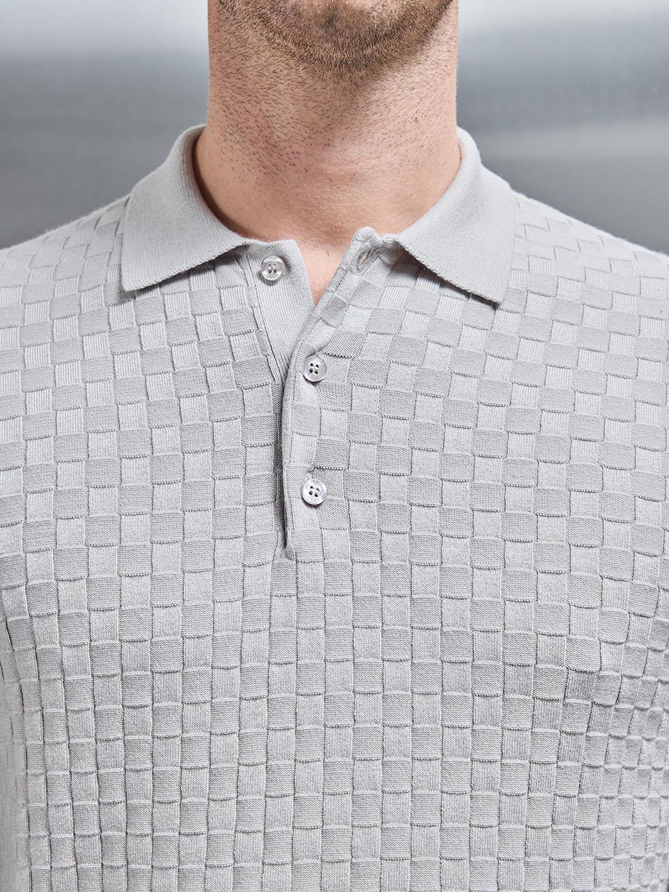 Mens Square Textured Long Sleeve Button Polo Shirt in Stone