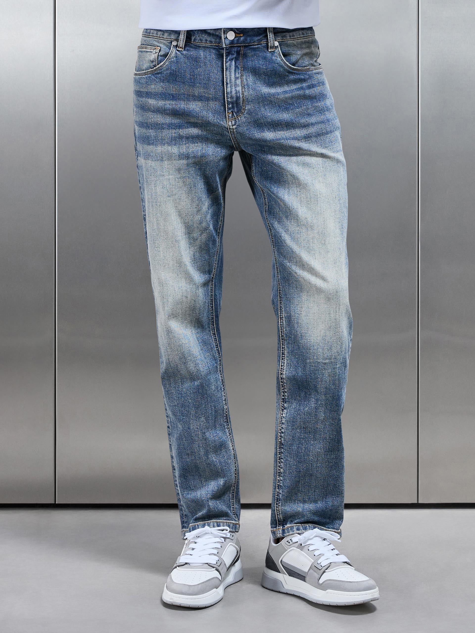Mens Straight Leg Denim Jeans in Sand Wash