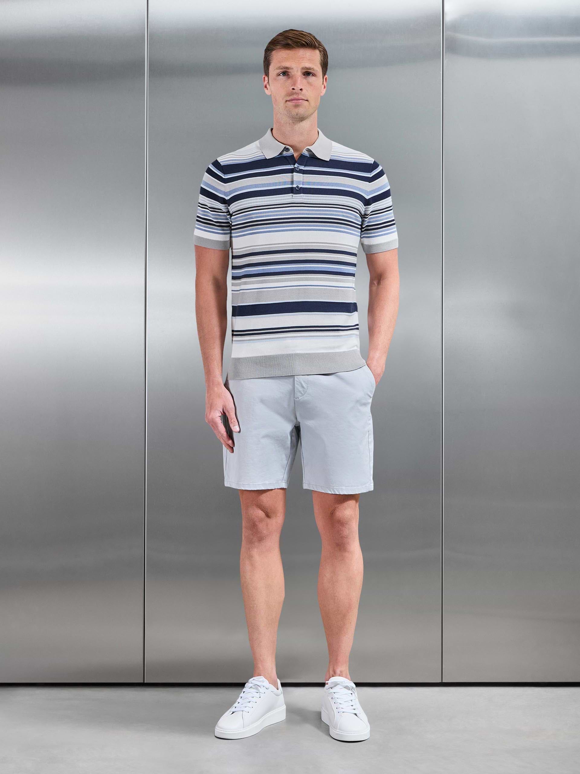 Stripe Knitted Polo Shirt in Steel Blue