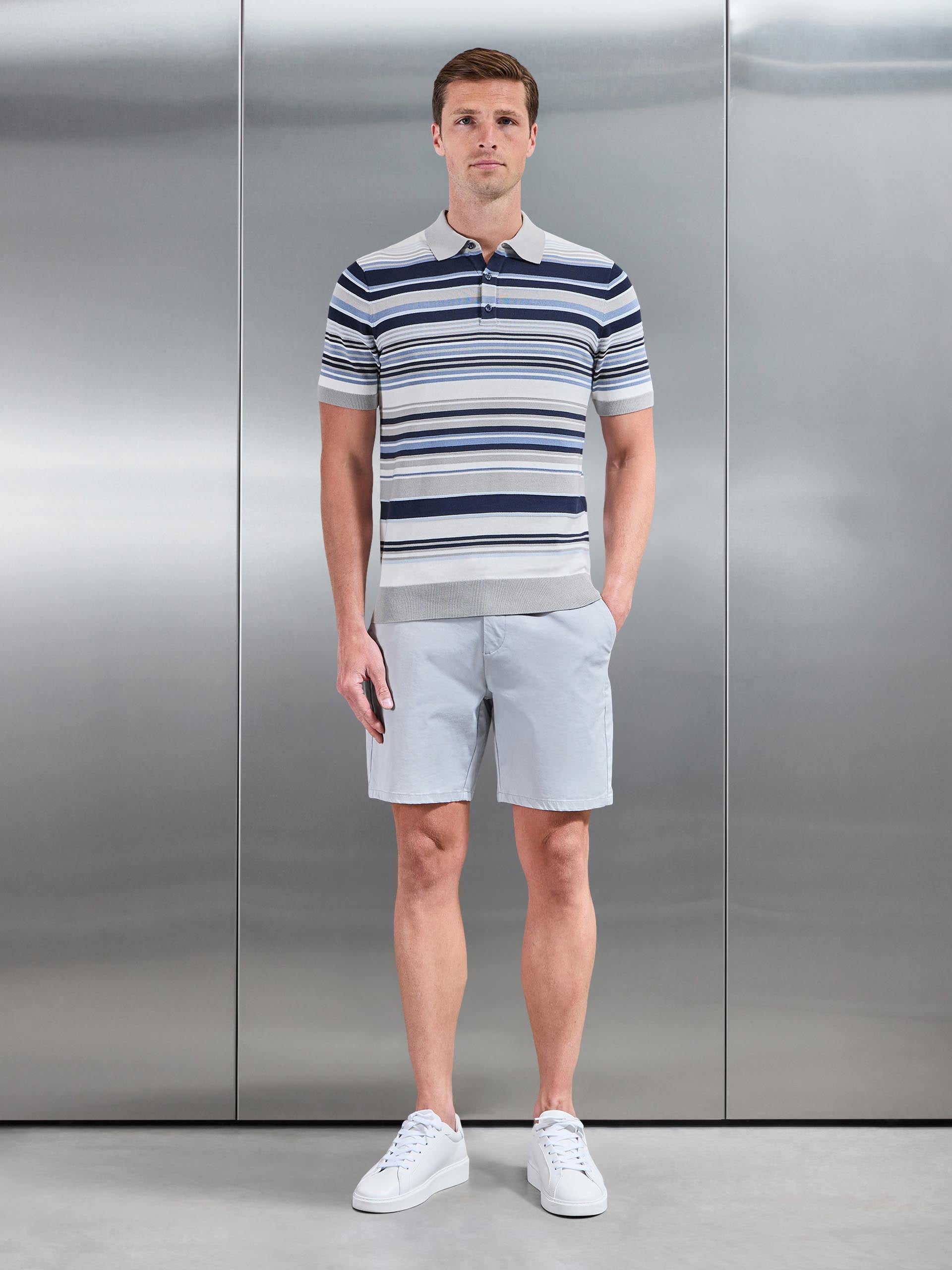 Mens Stripe Knitted Polo Shirt in Steel Blue