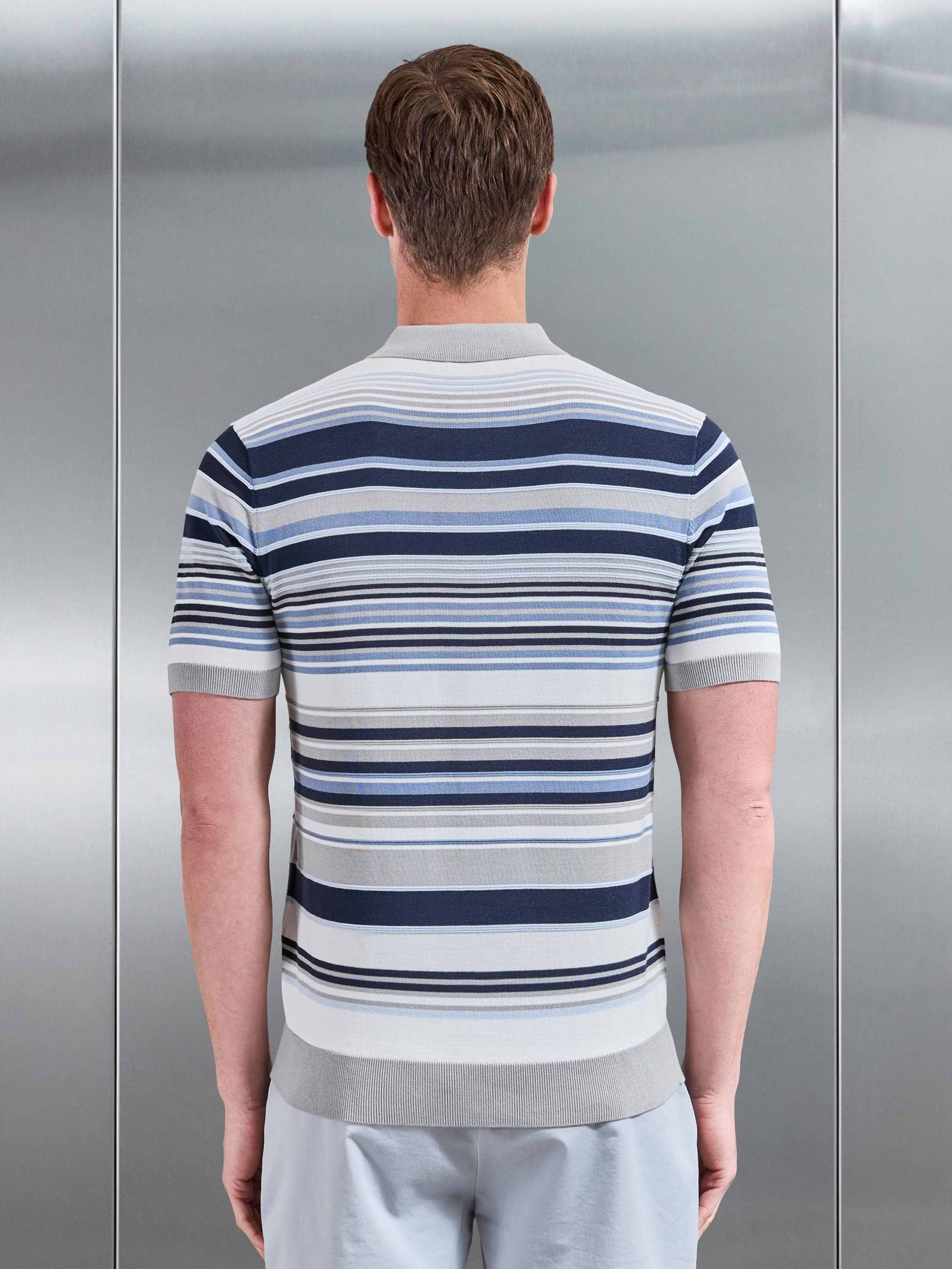 Stripe Knitted Polo Shirt in Steel Blue