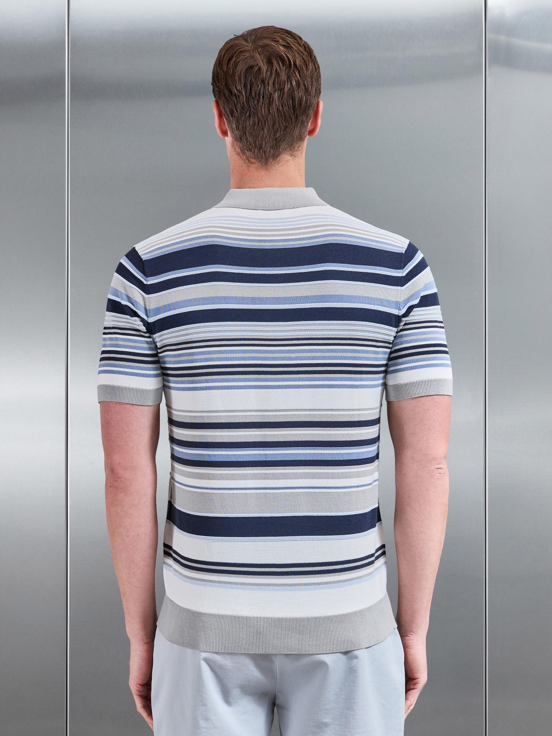 Mens Stripe Knitted Polo Shirt in Steel Blue