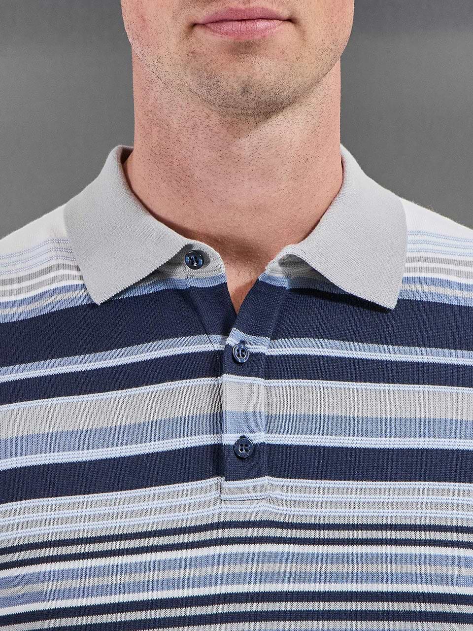 Stripe Knitted Polo Shirt in Steel Blue