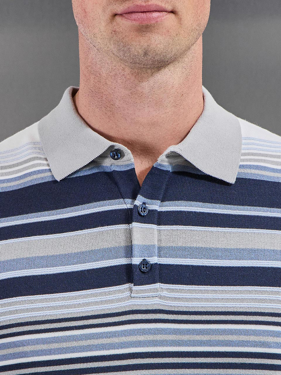 Mens Stripe Knitted Polo Shirt in Steel Blue